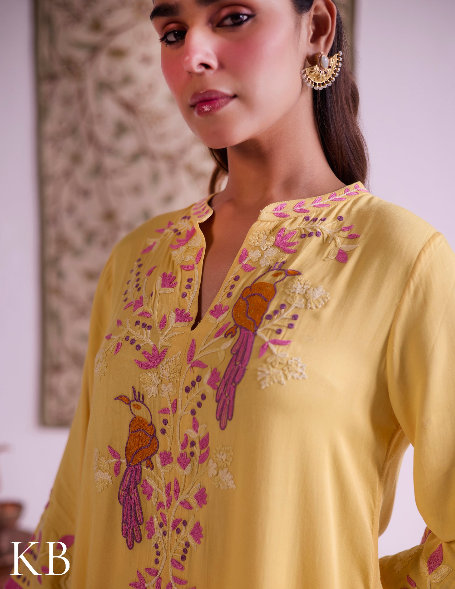 Mustard–Pink Modal Satin Coord Set with Fine Aari Embroidery — Bulbul Collection | Kashmiri Summer Festive Wear - Kashmir Box