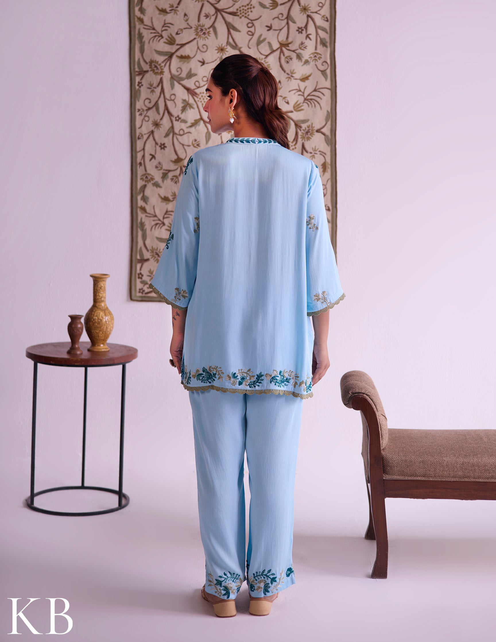 Sea-Blue Modal Satin Coord Set with Fine Aari Embroidery — Bulbul Collection | Kashmiri Summer Festive Wear - Kashmir Box