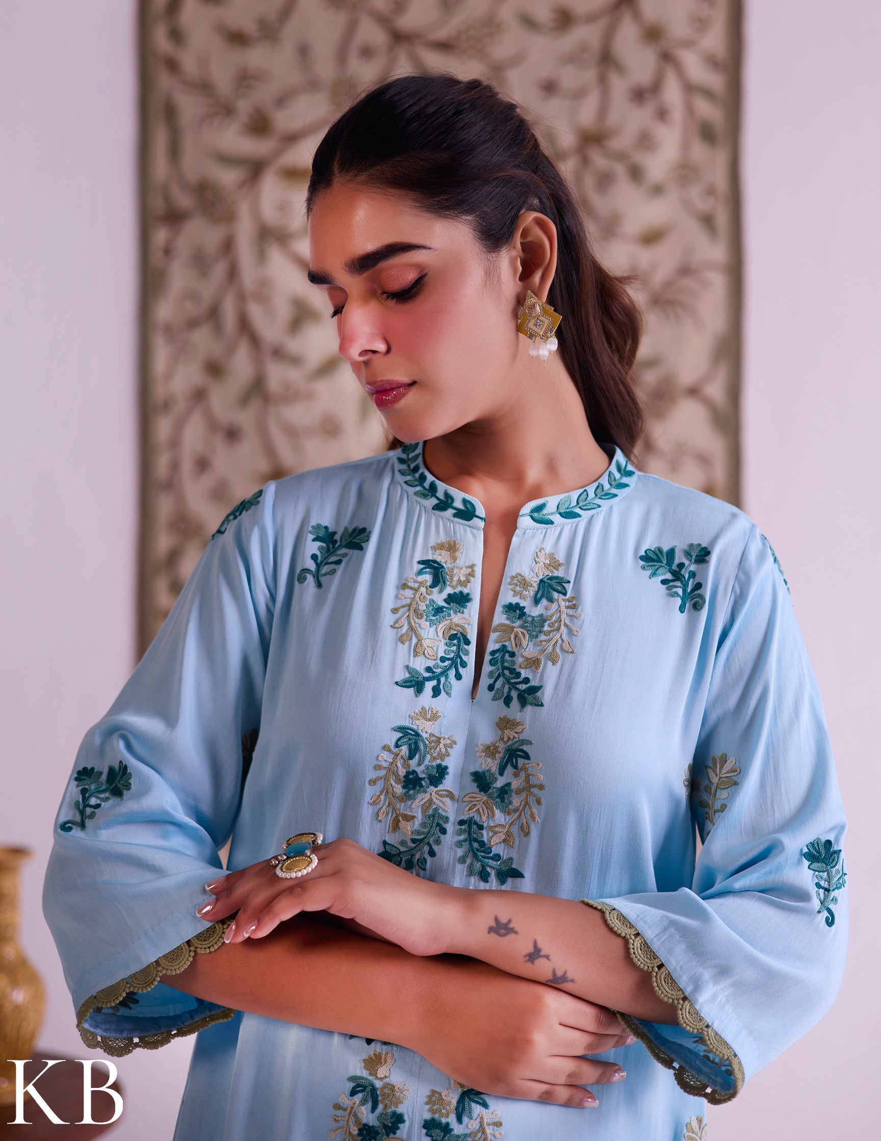 Sea-Blue Modal Satin Coord Set with Fine Aari Embroidery — Bulbul Collection | Kashmiri Summer Festive Wear - Kashmir Box
