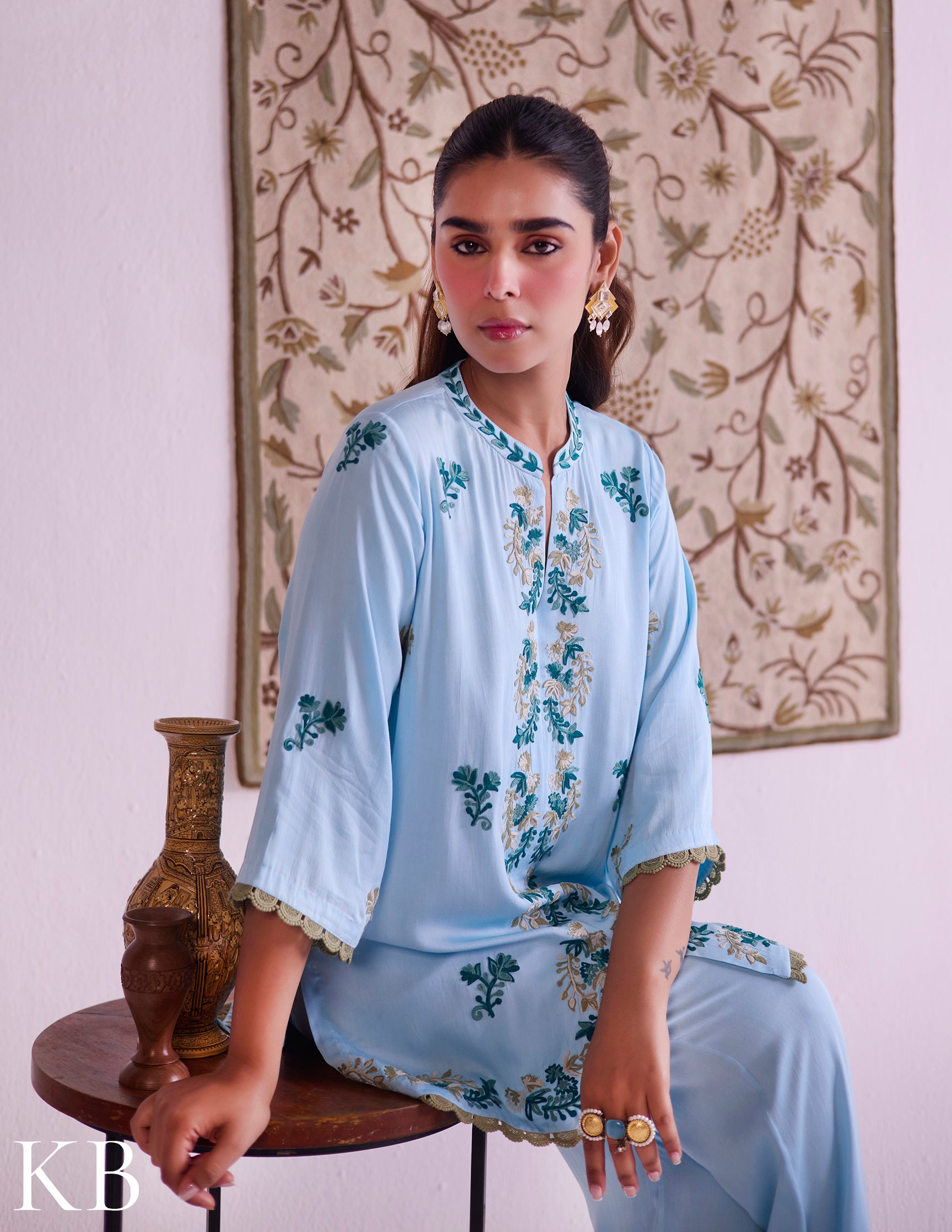 Sea-Blue Modal Satin Coord Set with Fine Aari Embroidery — Bulbul Collection | Kashmiri Summer Festive Wear - Kashmir Box