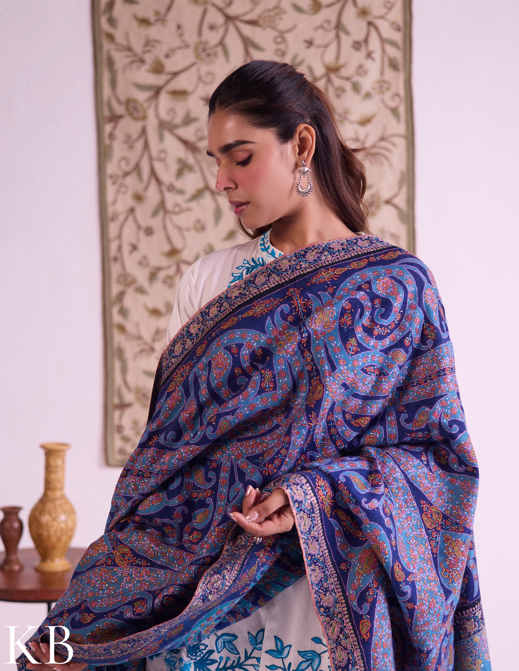Kashmiri Handwoven Pashmina Jamawar Sozni Shawl – Blue Paisley | Handwoven Heritage - Kashmir Box