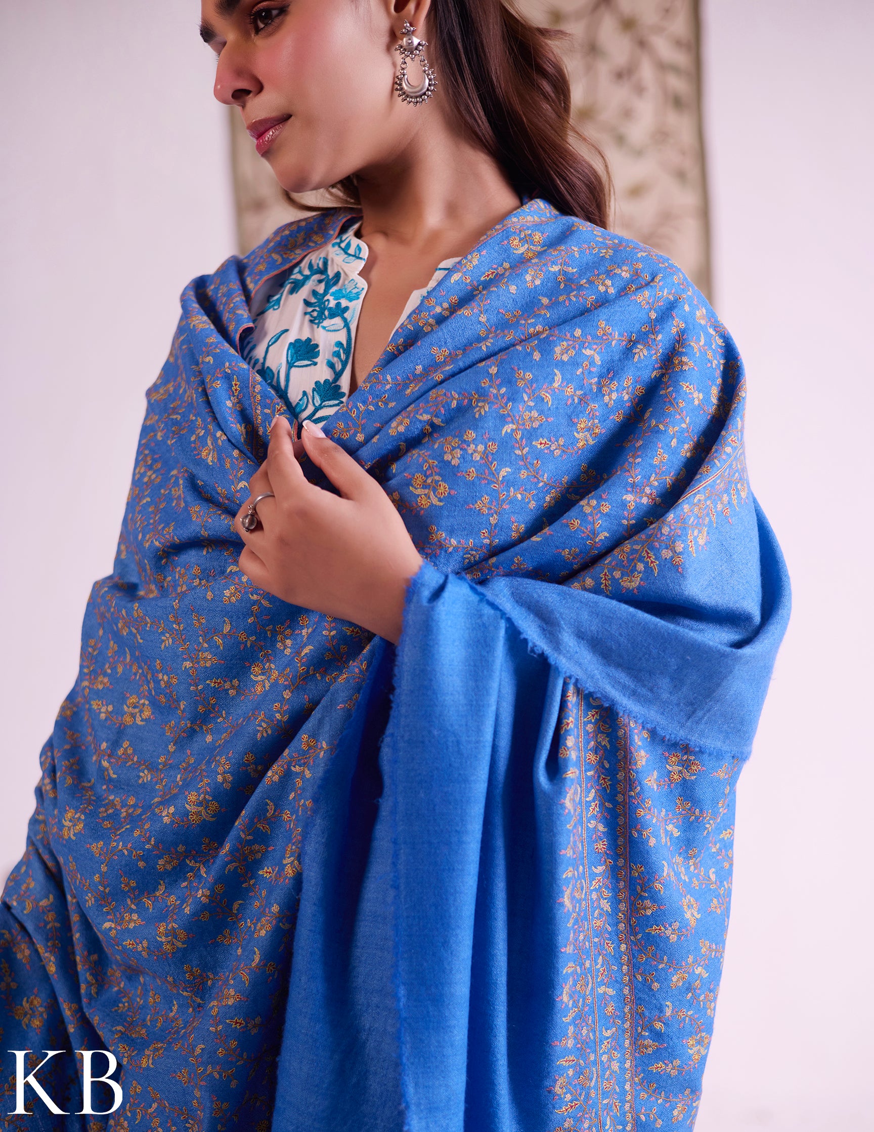 Kashmiri Handwoven Pashmina Jaali Sozni Shawl – Sky Blue | Handwoven Heritage - Kashmir Box