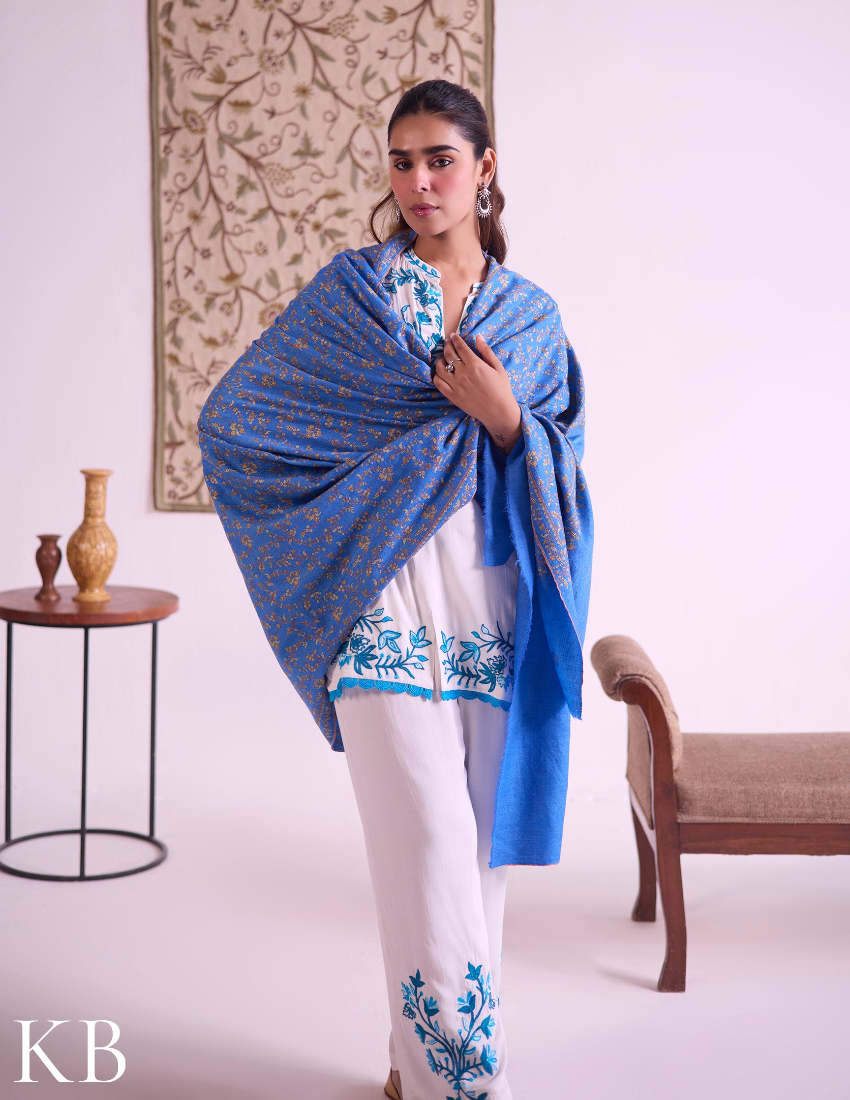 Kashmiri Handwoven Pashmina Jaali Sozni Shawl – Sky Blue | Handwoven Heritage - Kashmir Box