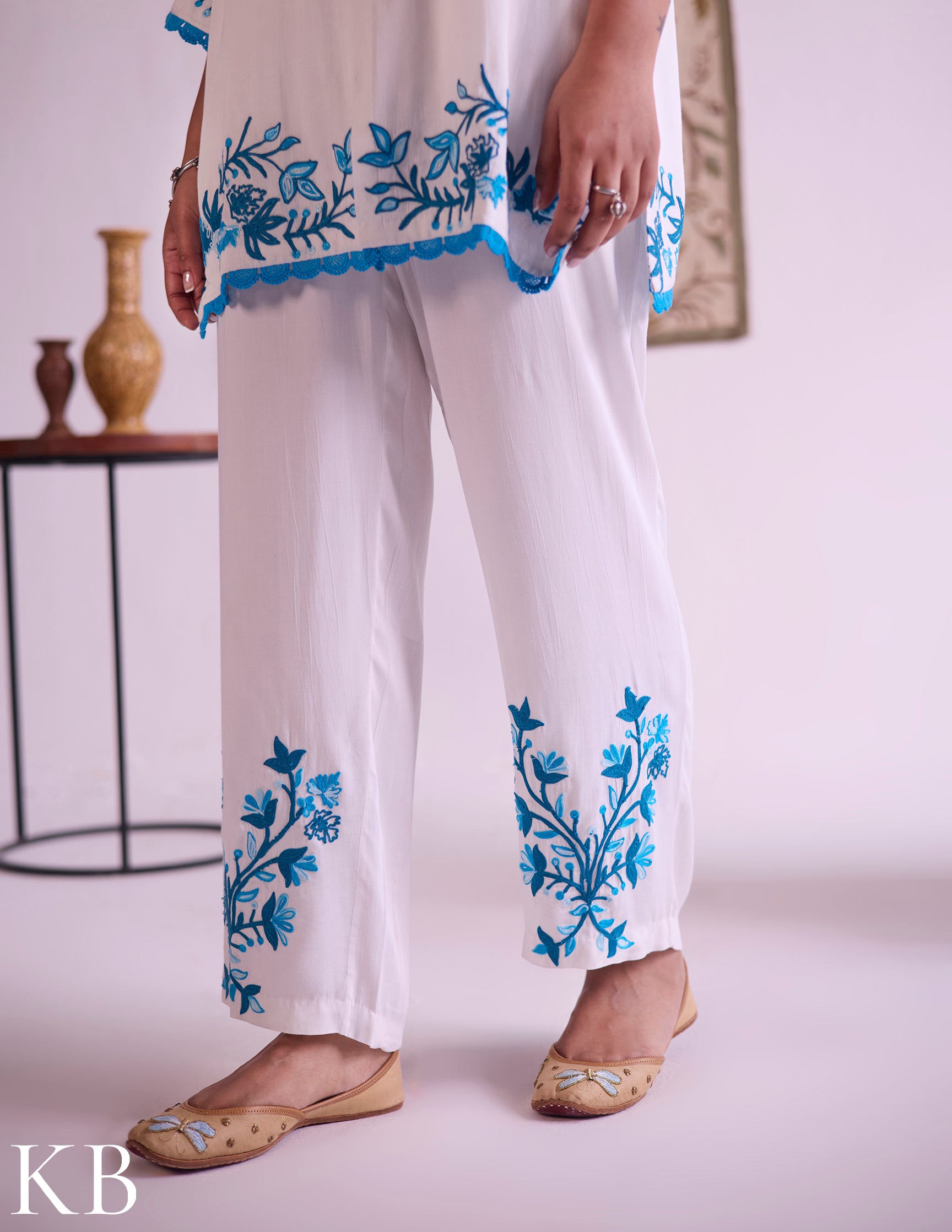 White–Blue Modal Satin Coord Set with Fine Aari Embroidery — Bulbul Collection | Kashmiri Summer Festive Wear - Kashmir Box