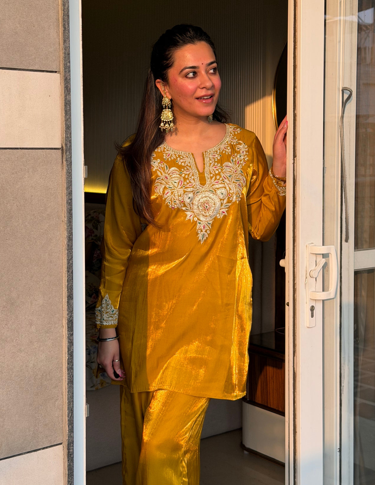 Kashmiri Tilla & Thread Embroidered Silk Co-ord Set – Mustard Yellow