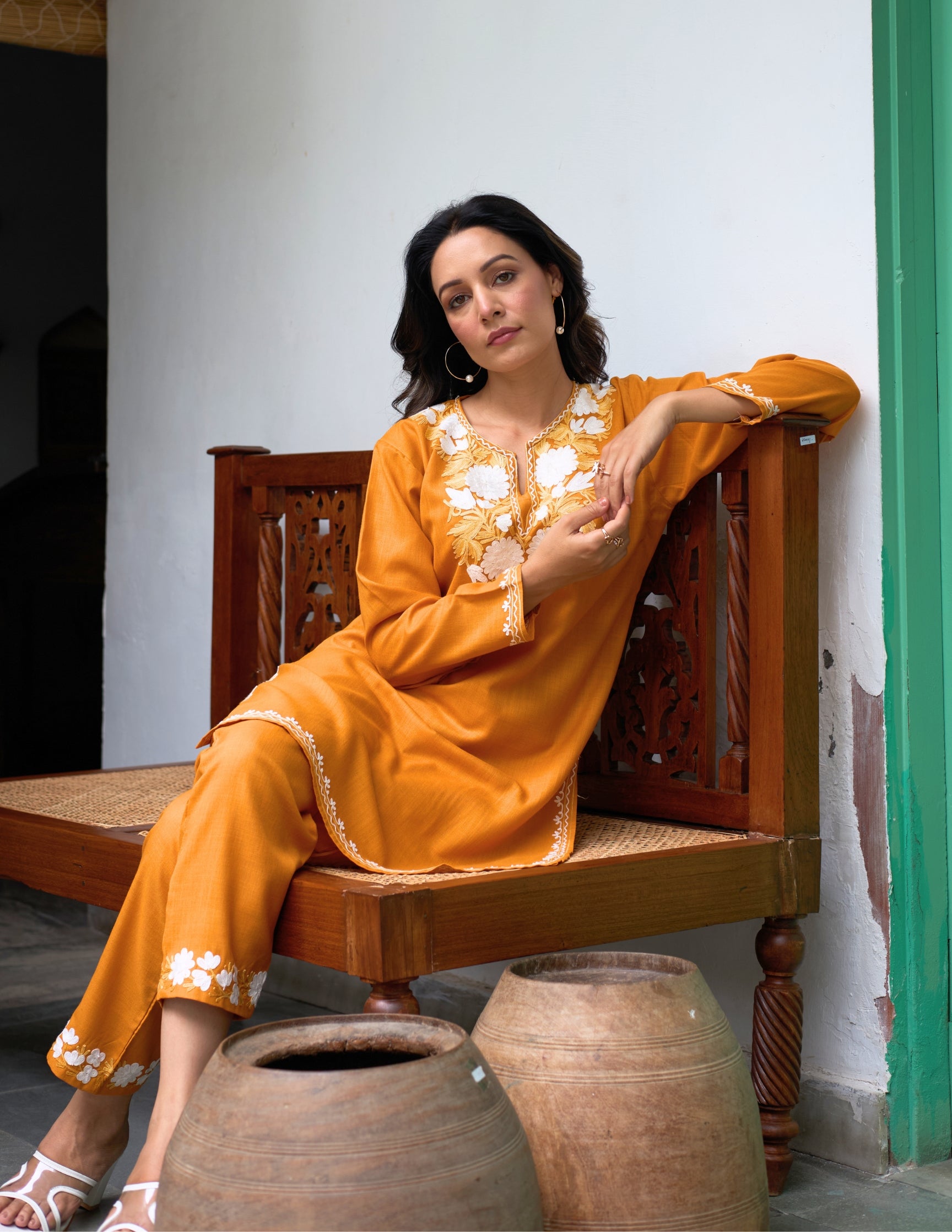 Nigeen Kashmiri Aari Embroidered Mustard Yellow Ruby Cotton Co-ord Set for Women