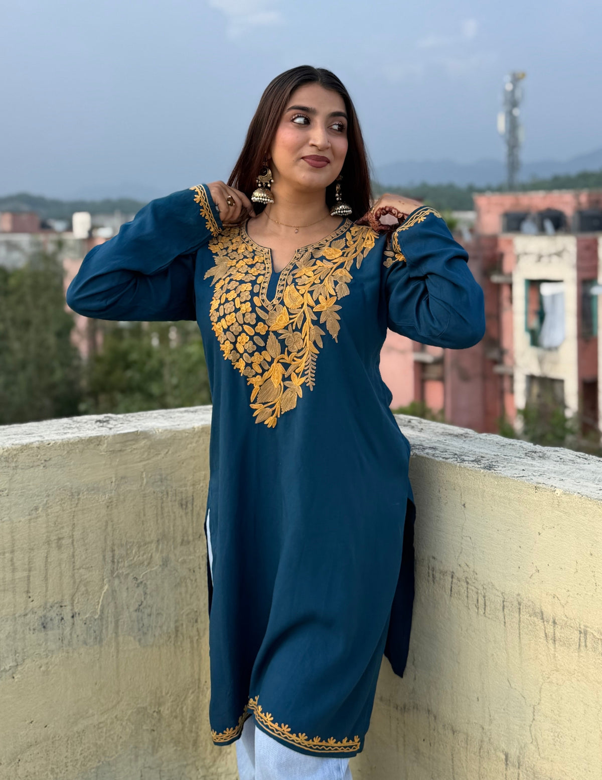 Blue Rayon Kurti – Light Brown & Yellow Earthy Embroidery | Daily Ethnic Wear