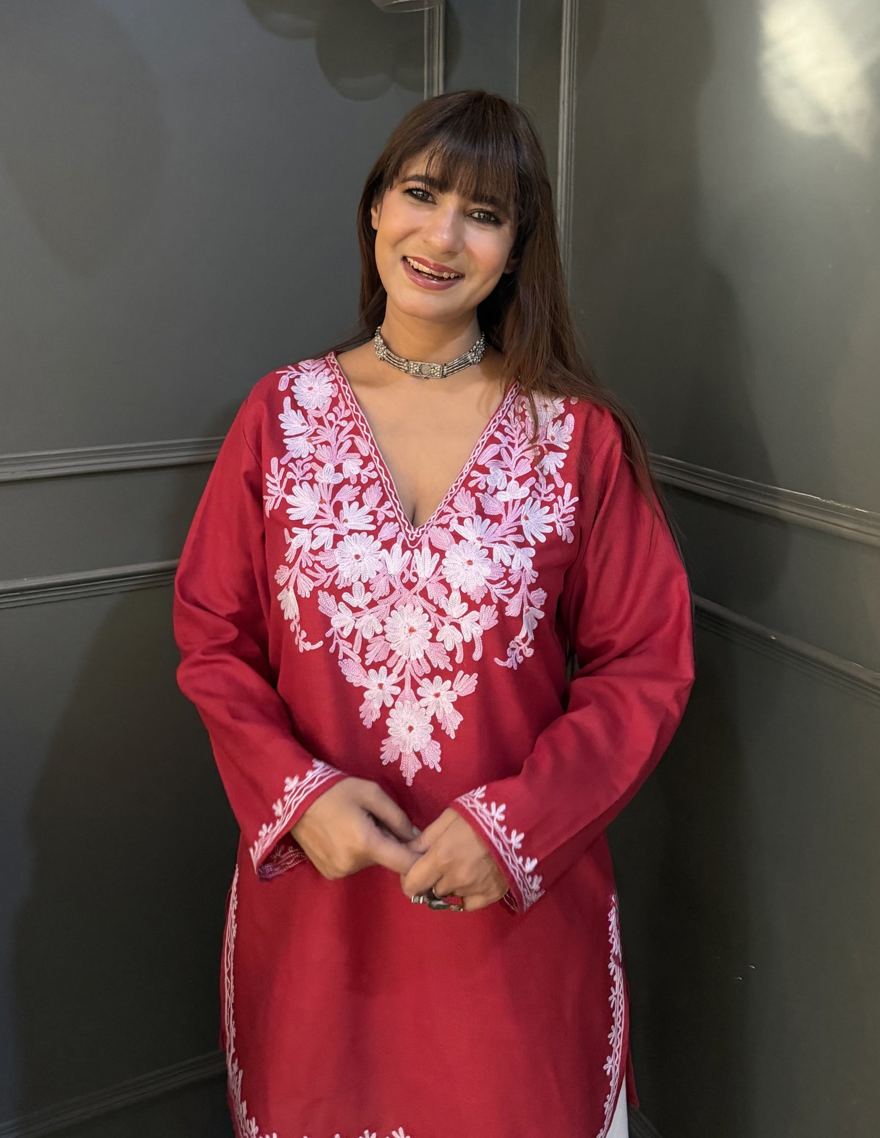 Blush Aari Embroidery Maroon Cotton Top - Kashmir Box