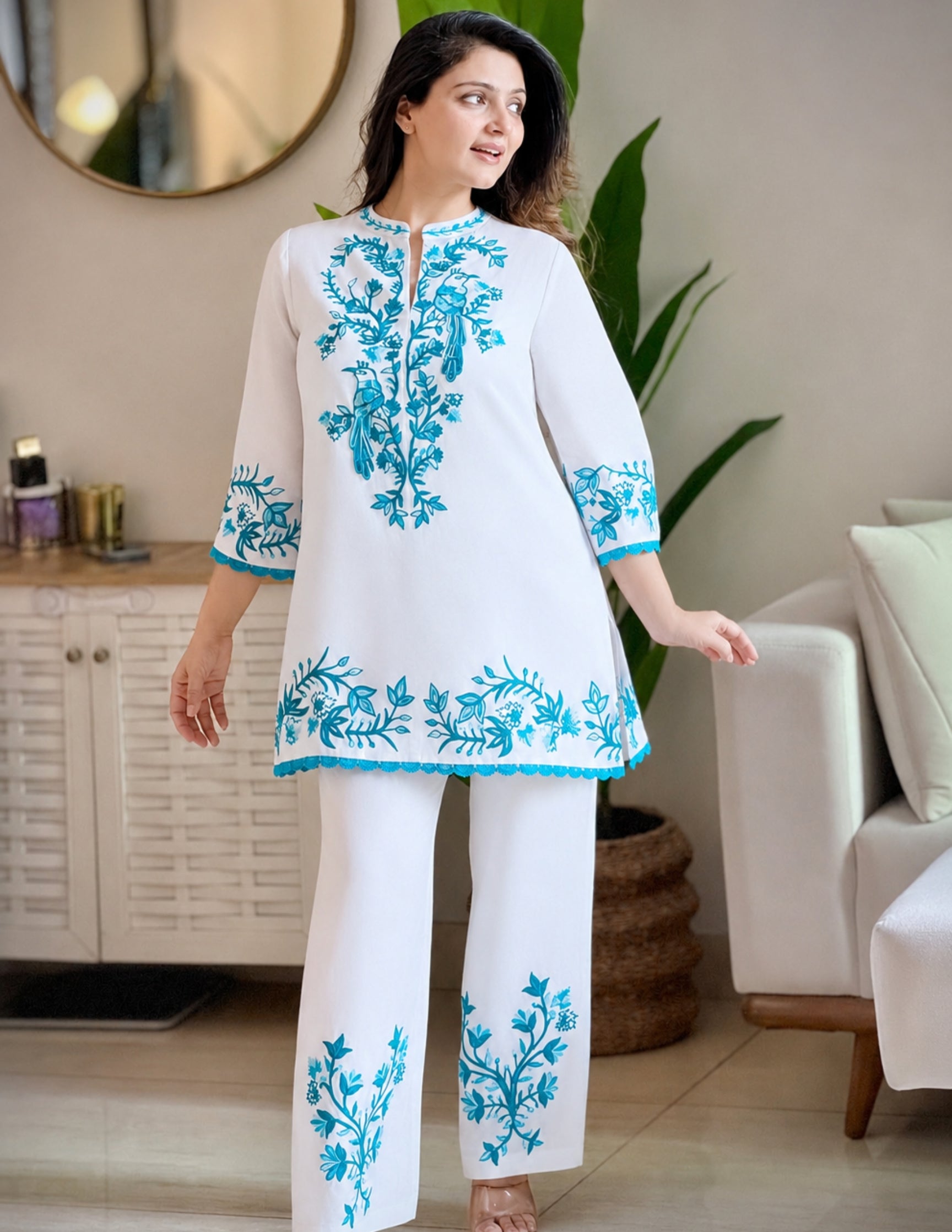 White–Blue Modal Satin Coord Set with Fine Aari Embroidery — Bulbul Collection | Kashmiri Summer Festive Wear