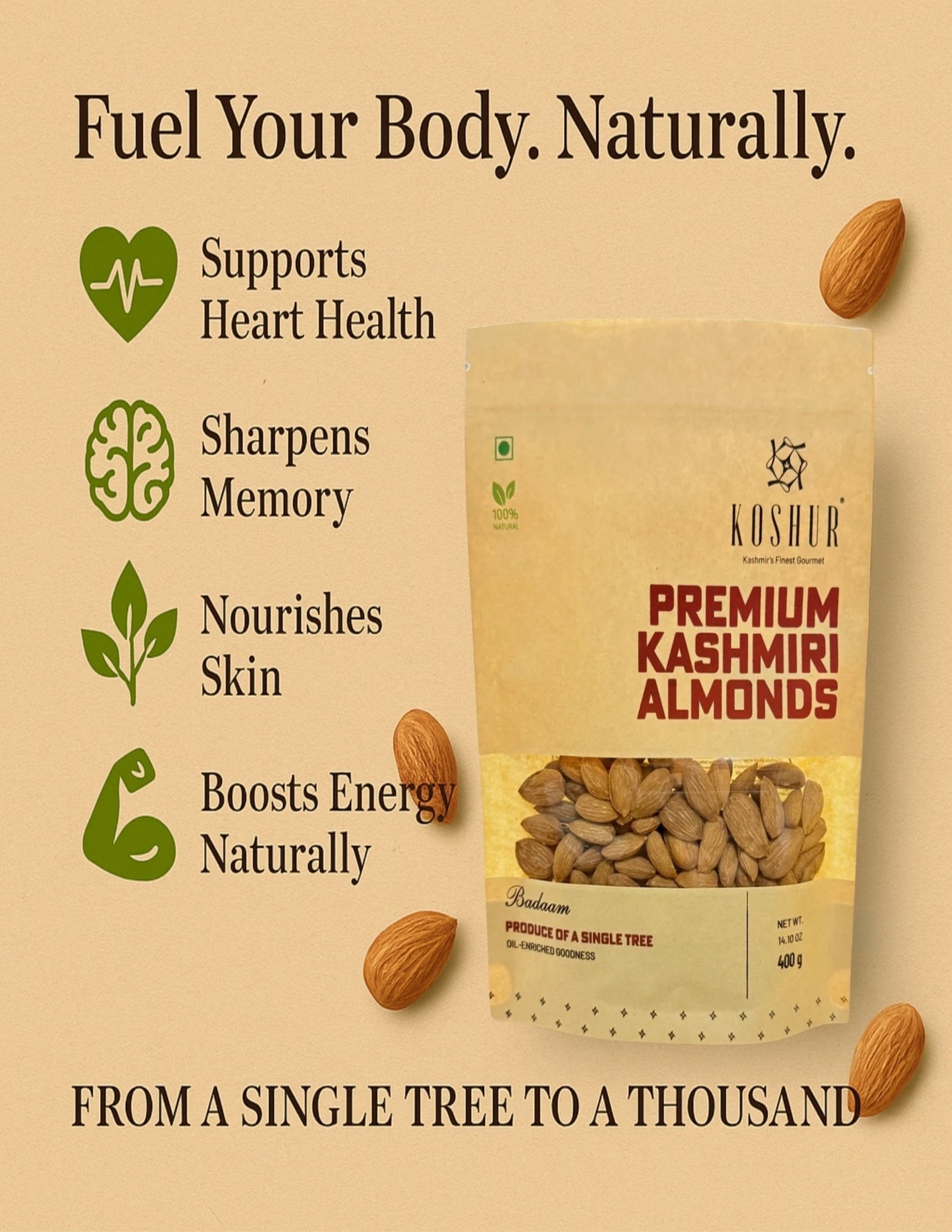 Koshur - Premium Single Tree Kashmiri Almonds | Mamra Badaam Giri | Protein Rich | High in Natural Oils | Nuts & Dry Fruits