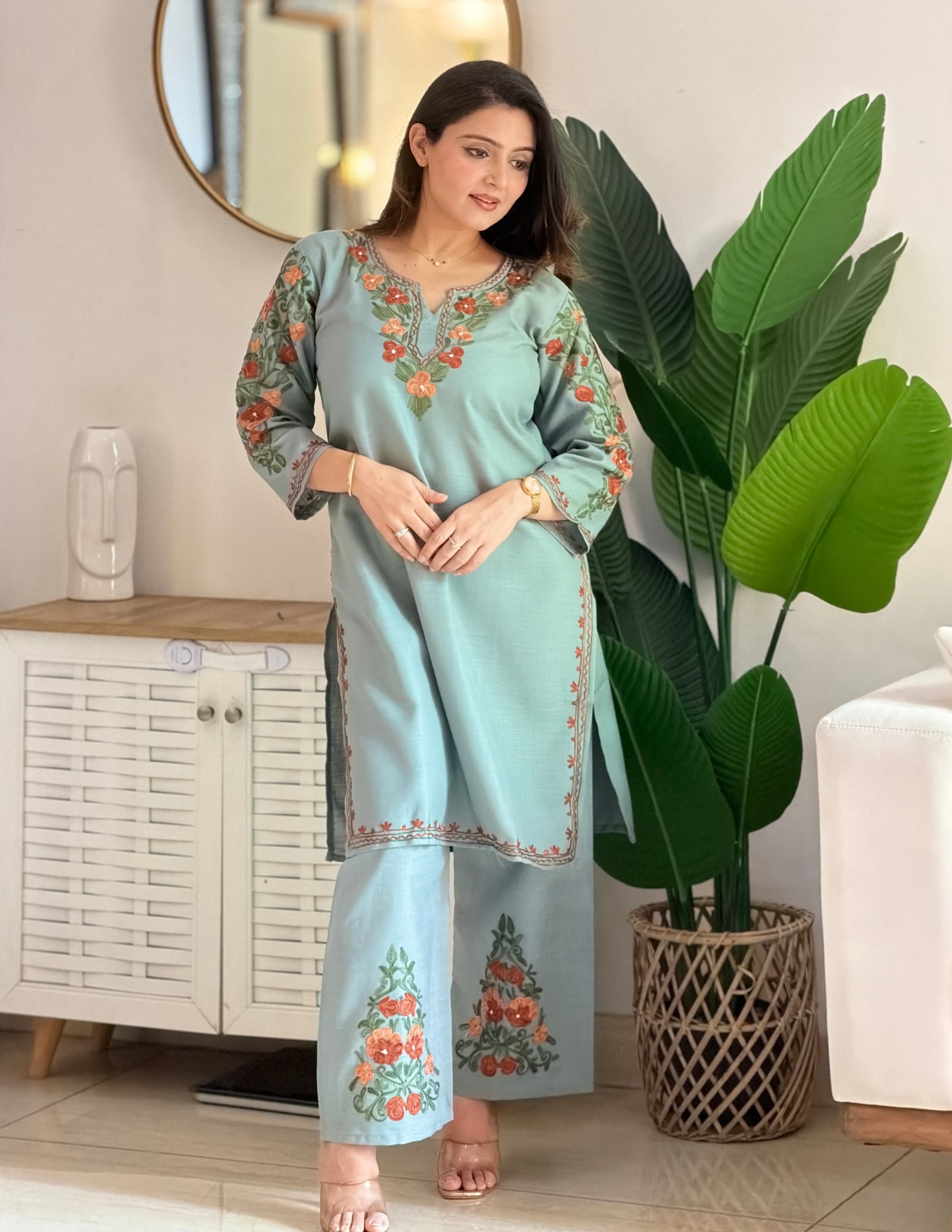 Bluish Grey Kashmiri Cotton Co-ord Set for Women with Earthy Aari Embroidery