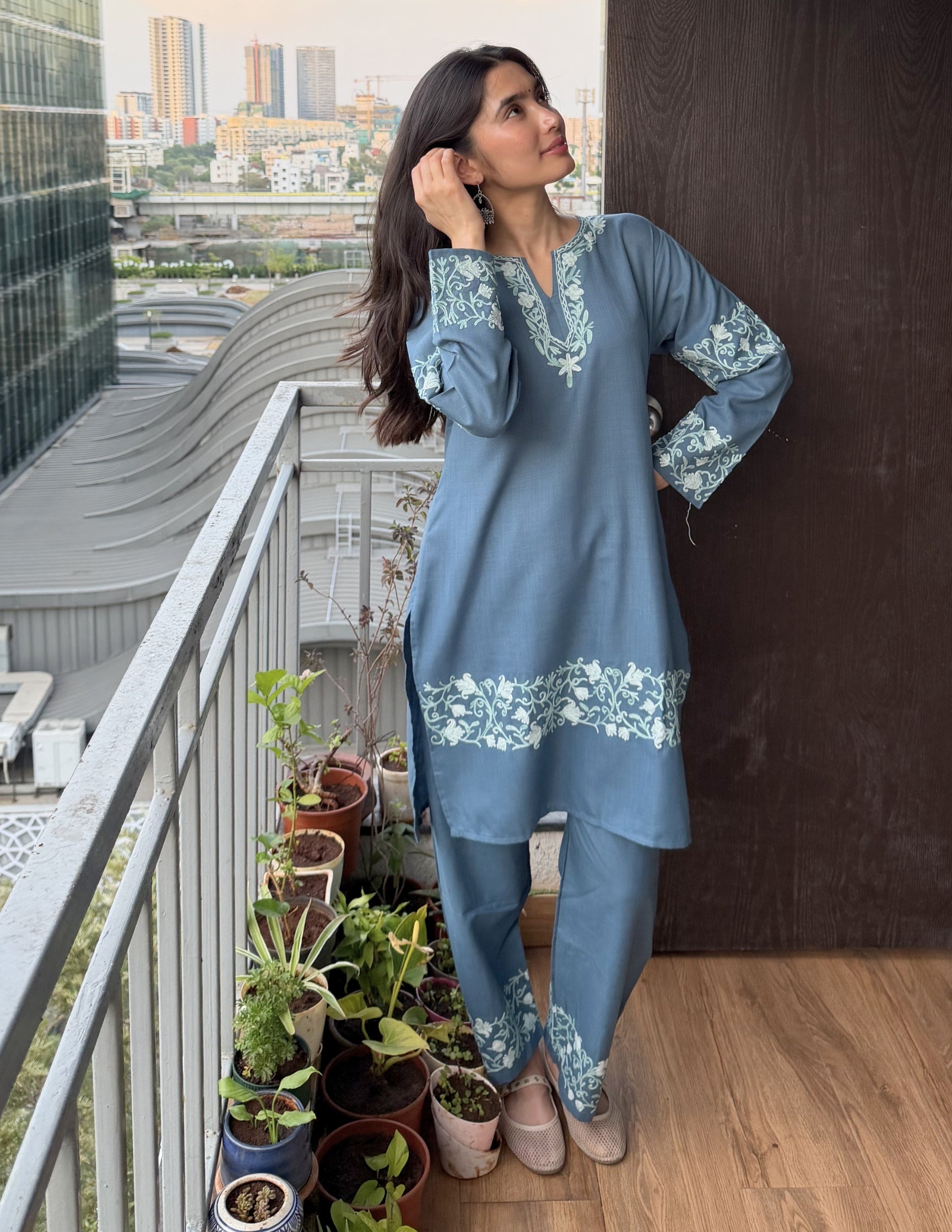 Slate Grey Kashmiri Aari Cotton Co-ord Set for Women | Minimalist Office & Casual Wear
