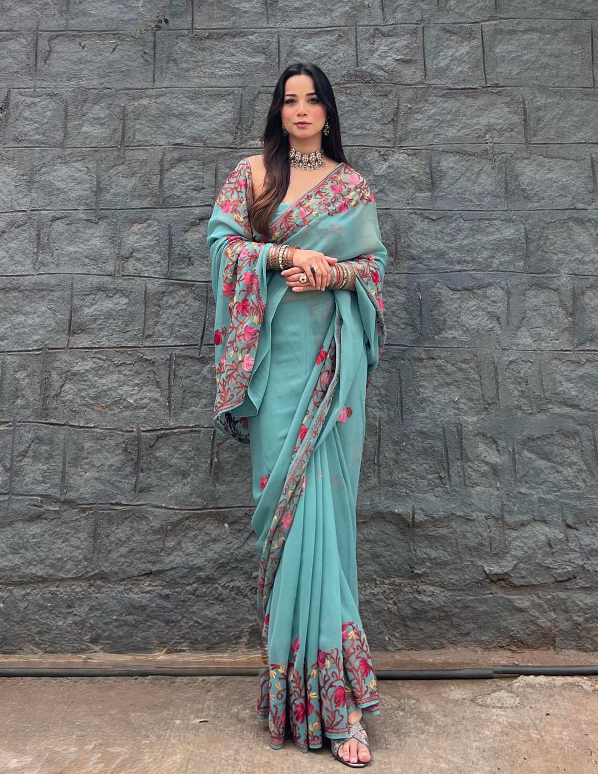 Kashmiri Aari Embroidered Georgette Saree – Teal
