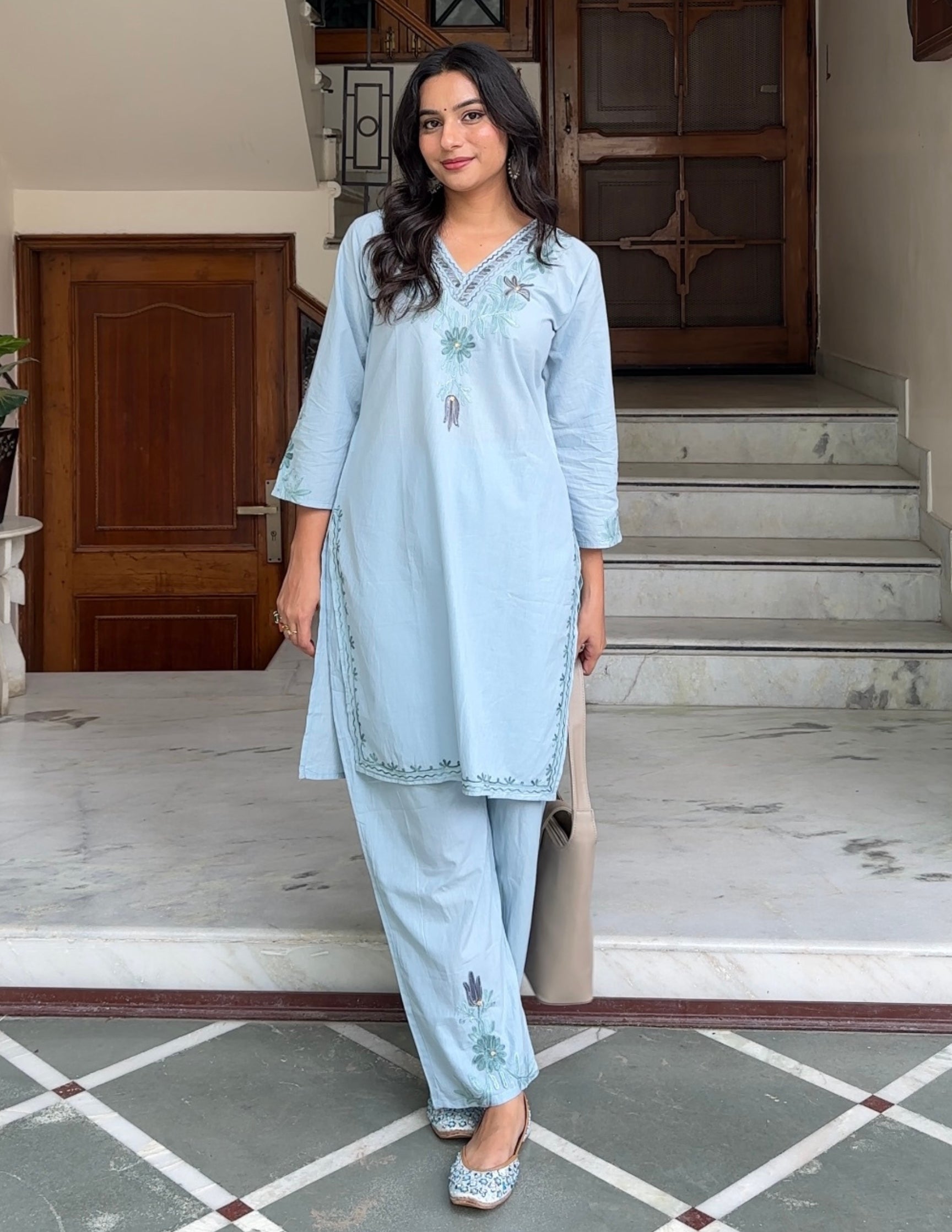 Light Blue Kashmiri Aari Embroidered Cotton Co-ord Set for Women | Ethnic Wear