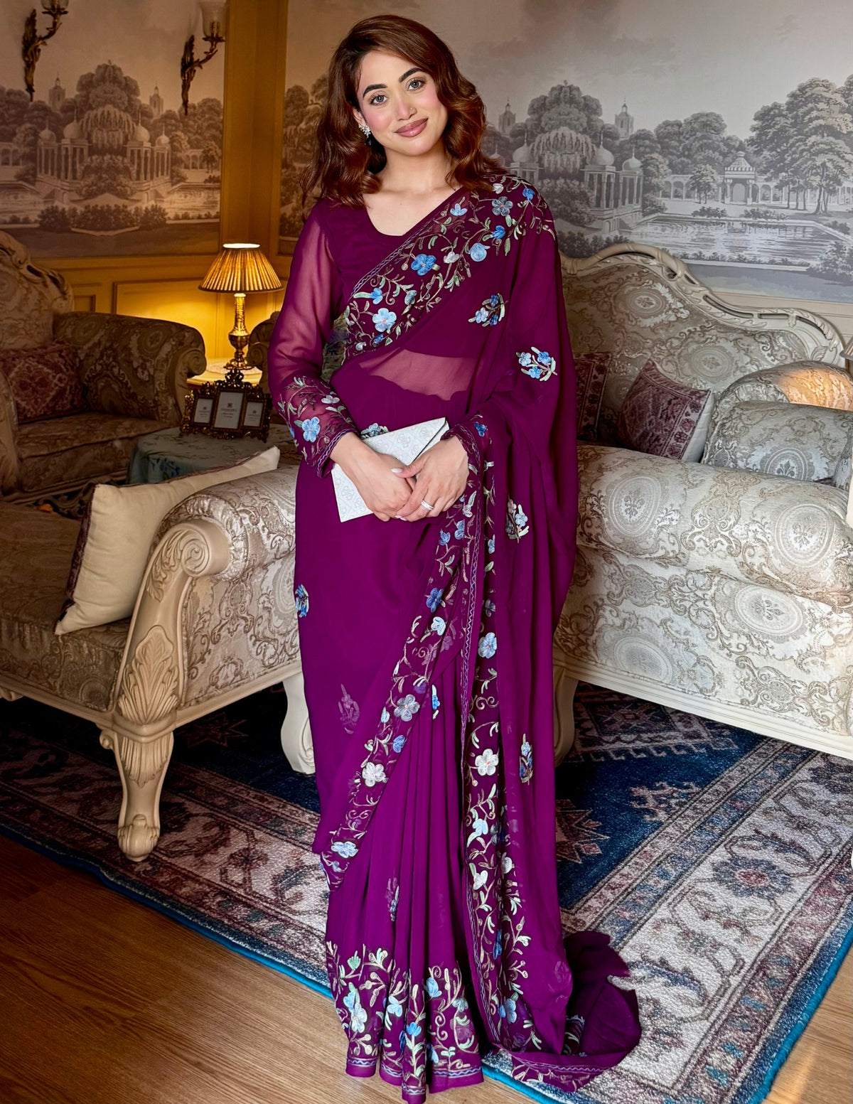 Kashmiri Aari Embroidered Georgette Saree – Wine