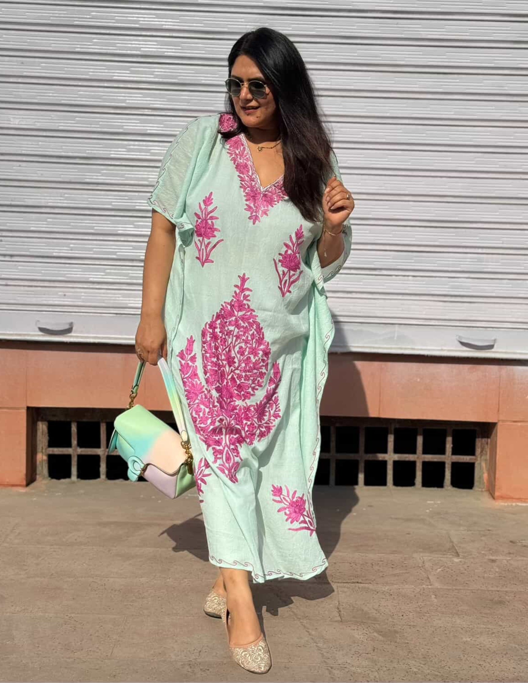 Mint Summer Cotton Kaftan with Candy Pink Aari Embroidery - Kashmir Box