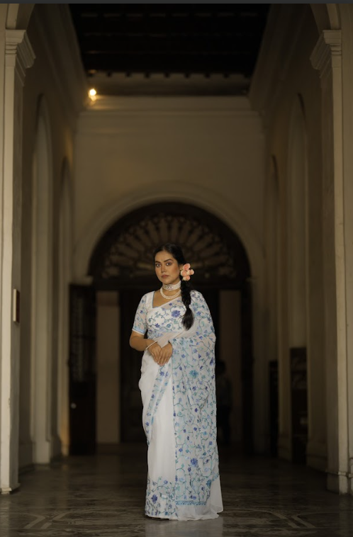 Skyish Embroidered White Georgette Saree - Kashmir Box