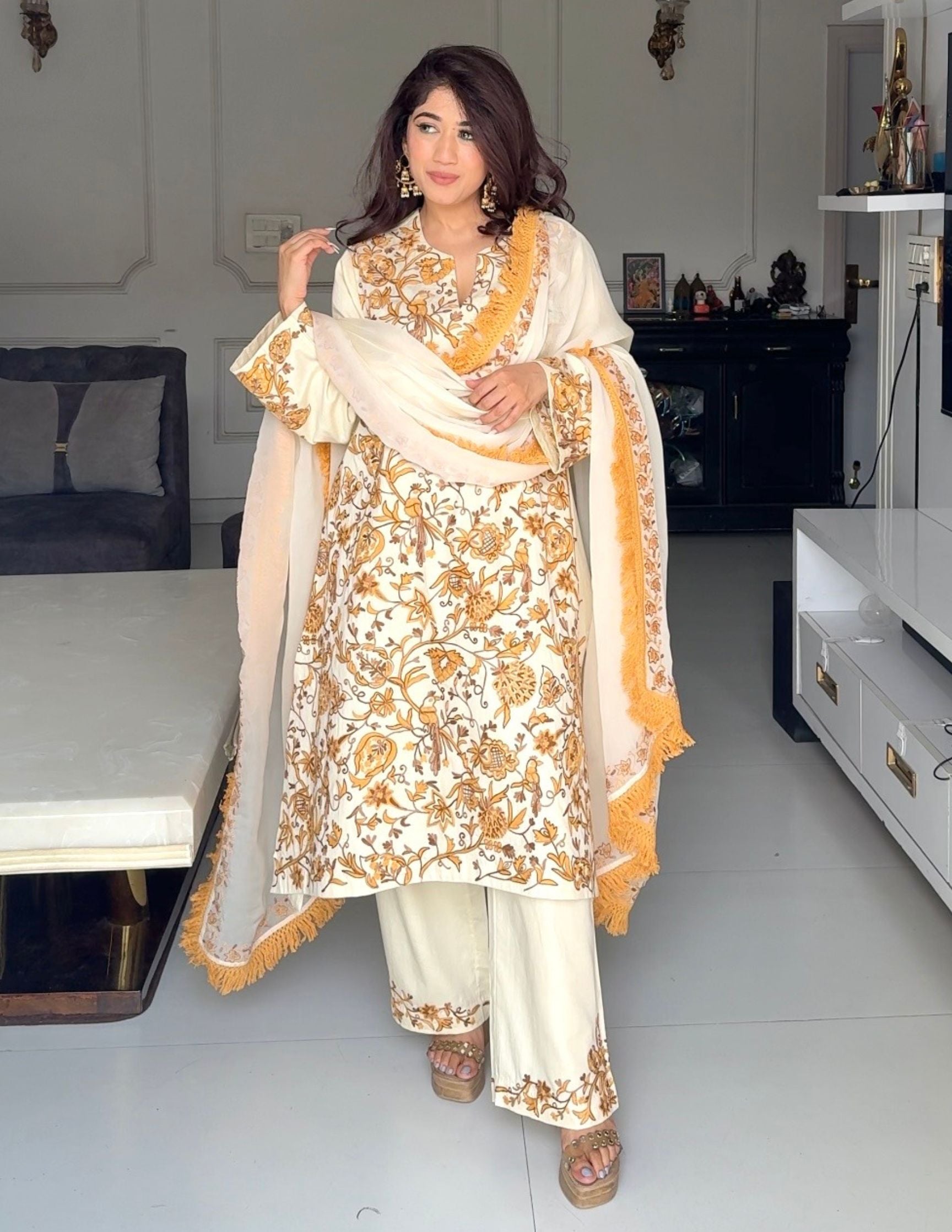 Yellow Cotton Satin Suit Set with Fine Aari Embroidery & Organza Dupatta — Bulbul Collection | Kashmiri Summer Festive Wear - Kashmir Box