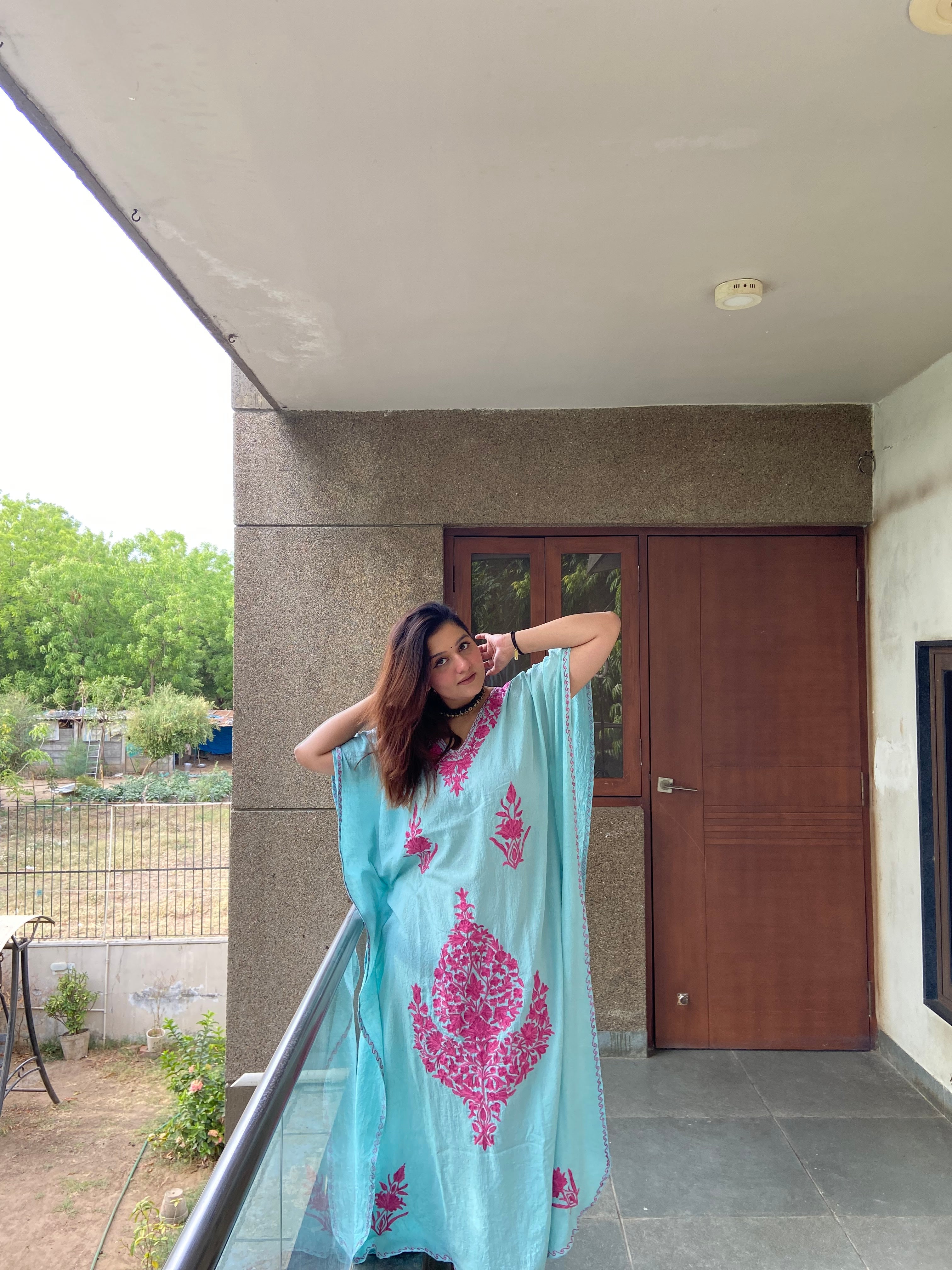 Mint Summer Cotton Kaftan with Candy Pink Aari Embroidery - Kashmir Box