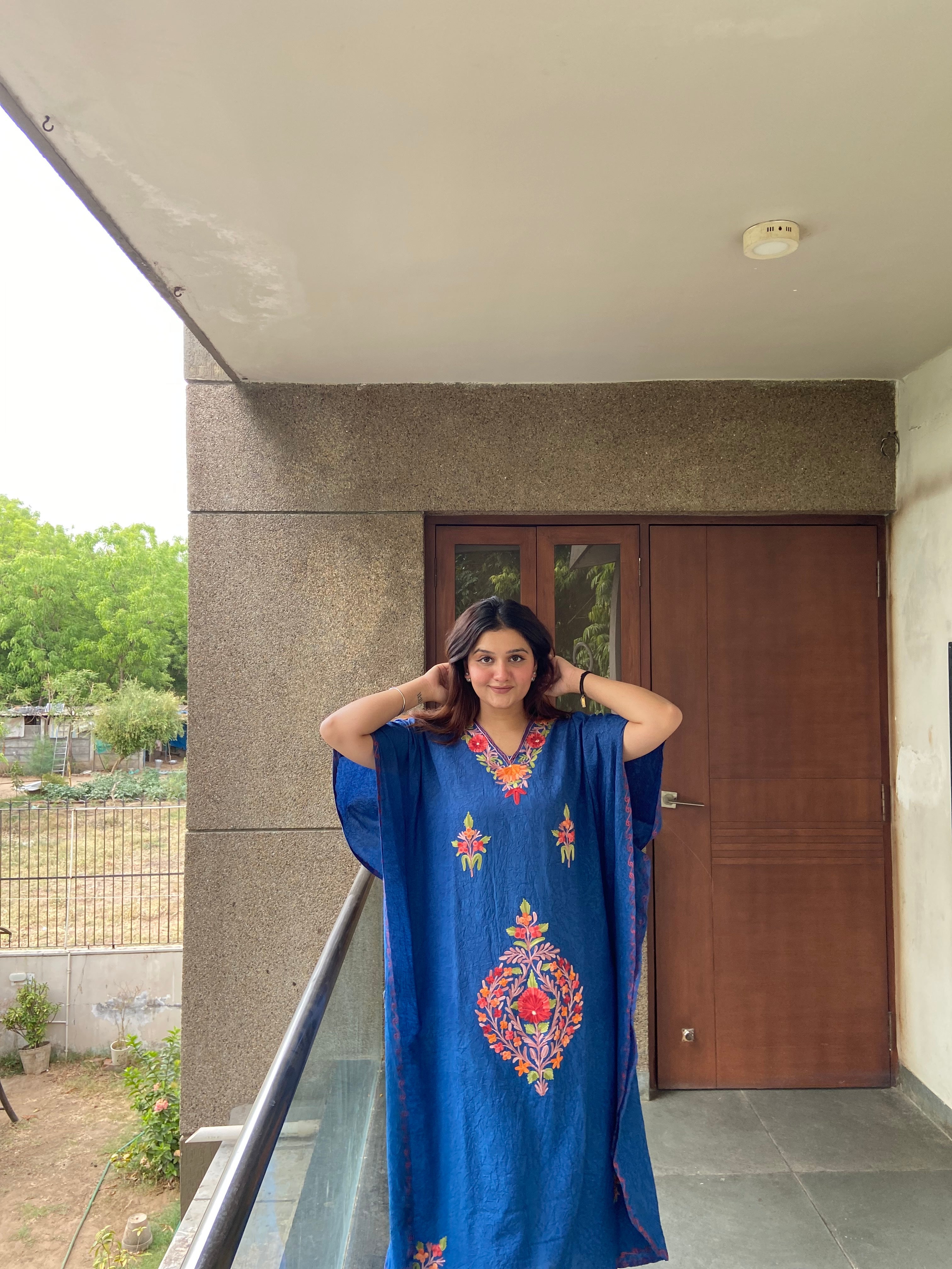Bloom Embroidered Indigo Summer Cotton Kaftan - Kashmir Box