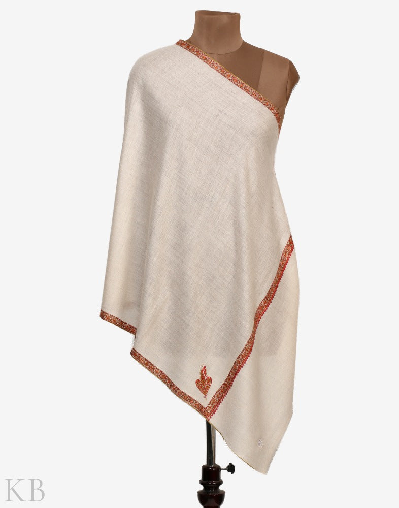 White GI Embroidered Hashidaar Cashmere Stole - Kashmir Box