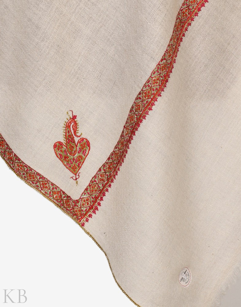 White GI Embroidered Hashidaar Cashmere Stole - Kashmir Box
