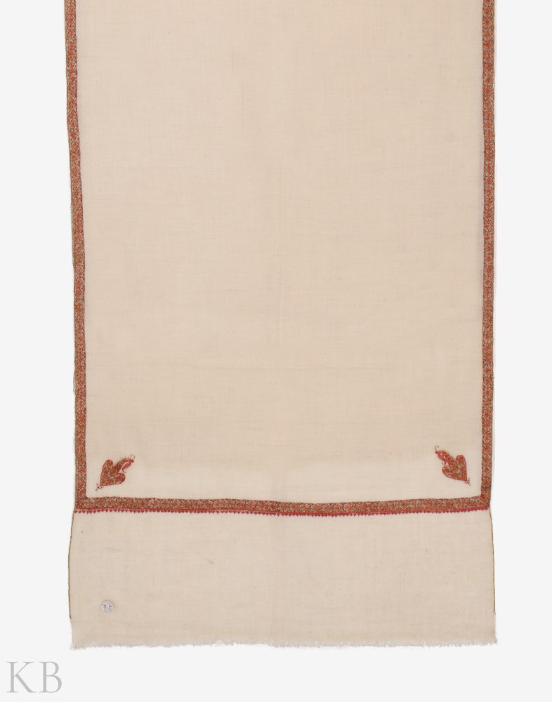 White GI Embroidered Hashidaar Cashmere Stole - Kashmir Box