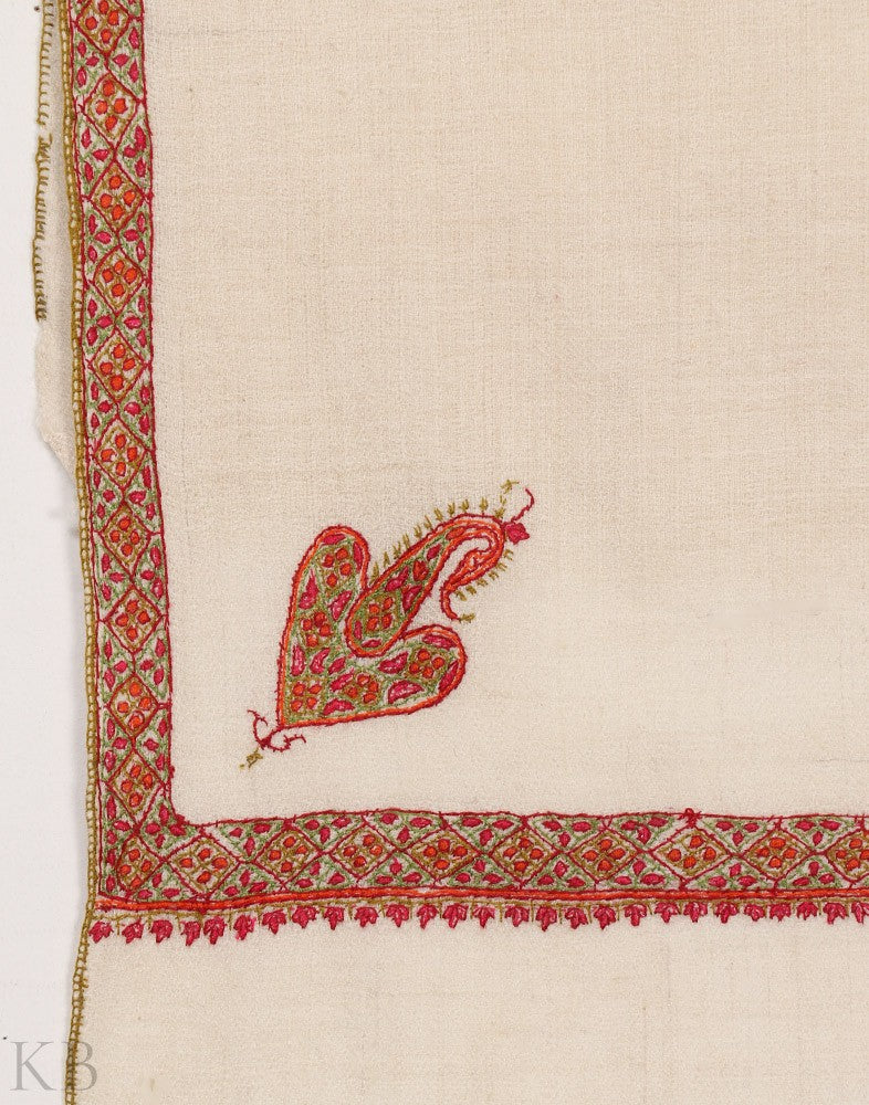 White GI Embroidered Hashidaar Cashmere Stole - Kashmir Box