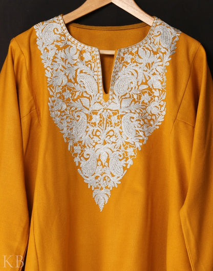 Mustard Orange Zari Embroidered Cashmilon Phiran - KashmirBox.com