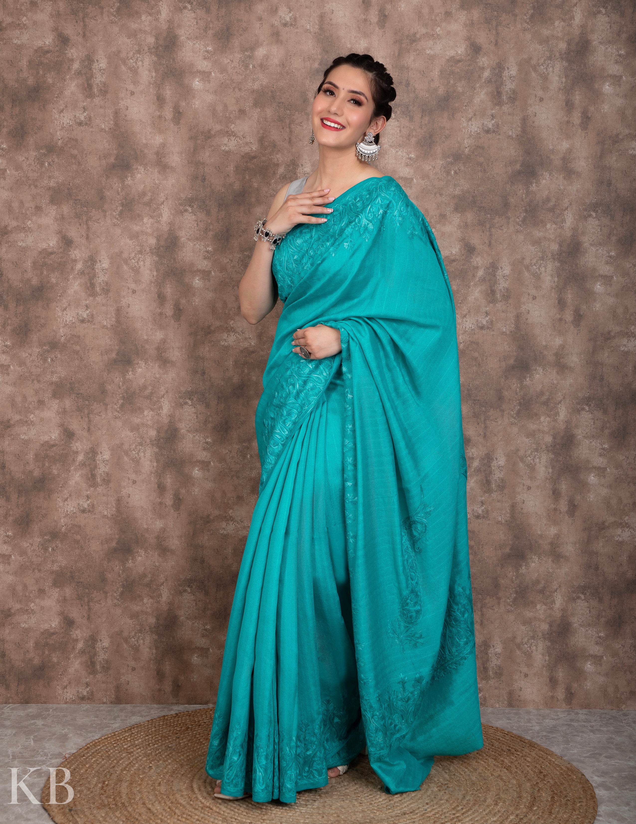 Ferozi Aari Embroidered Silk Saree - Kashmir Box
