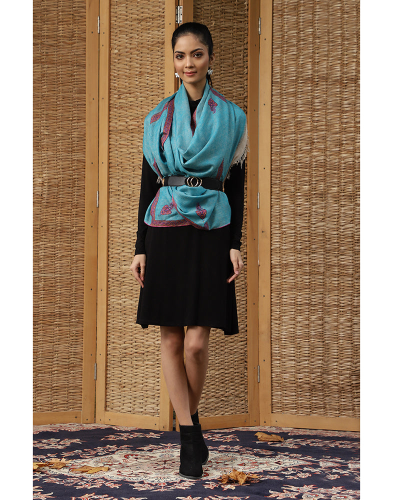 Turquoise Box Weave Hashidaar Cashmere Stole - KashmirBox.com
