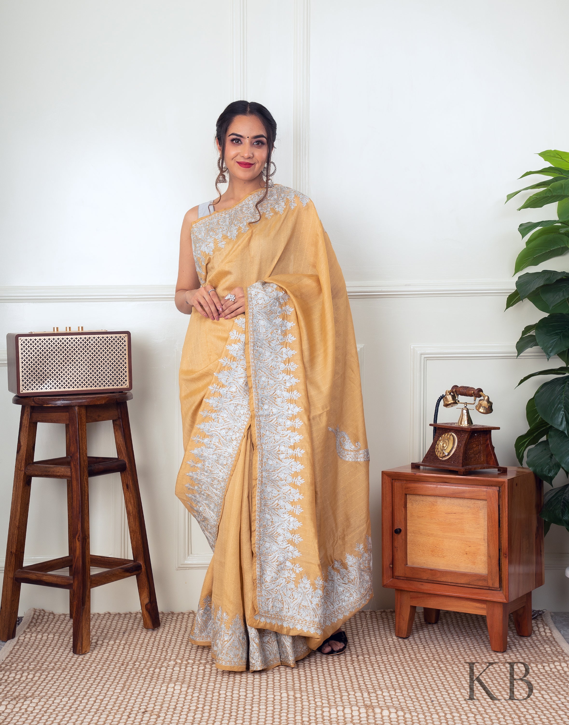 White Zari Border Golden Silk Saree