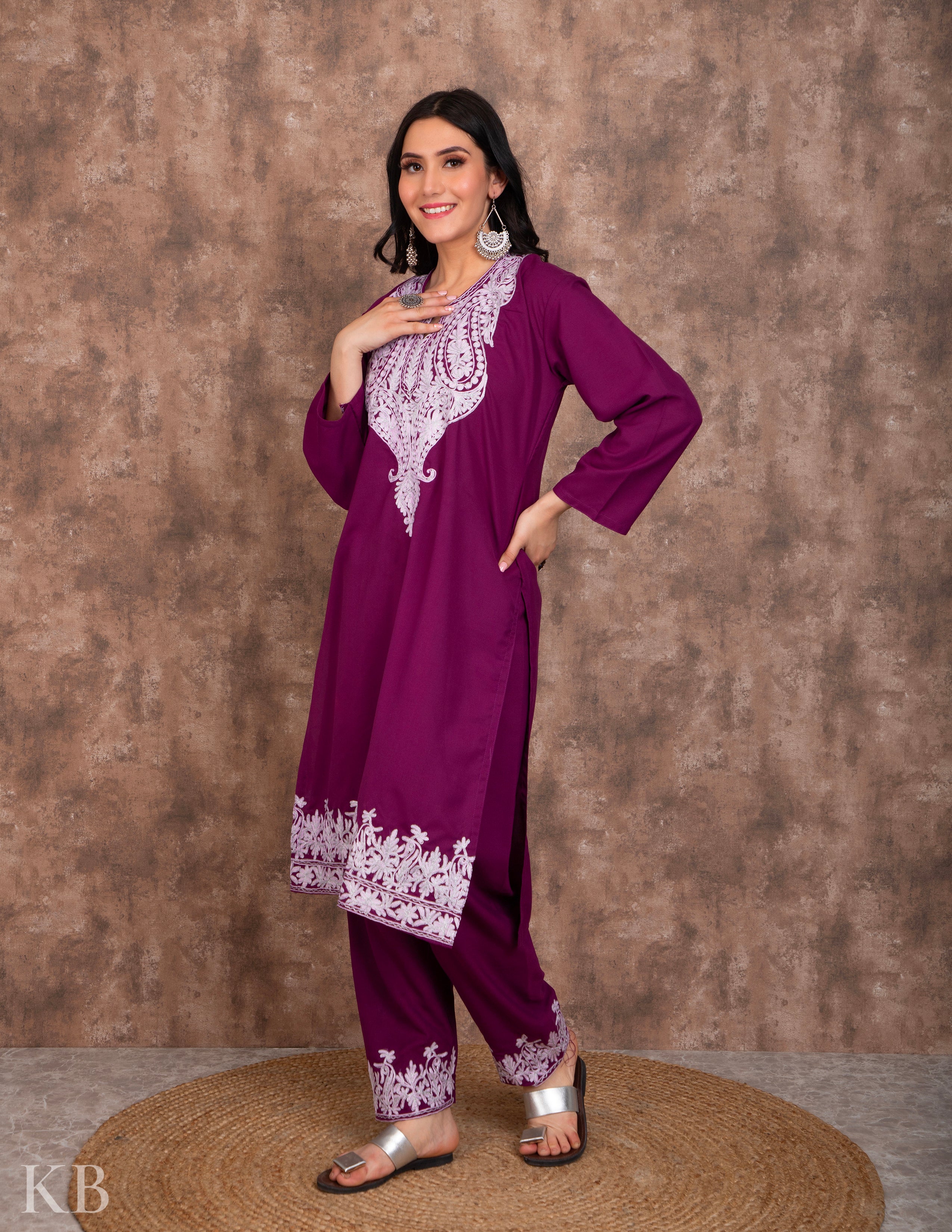 Zari Lined Purple Aari Embroidered Suit - Kashmir Box