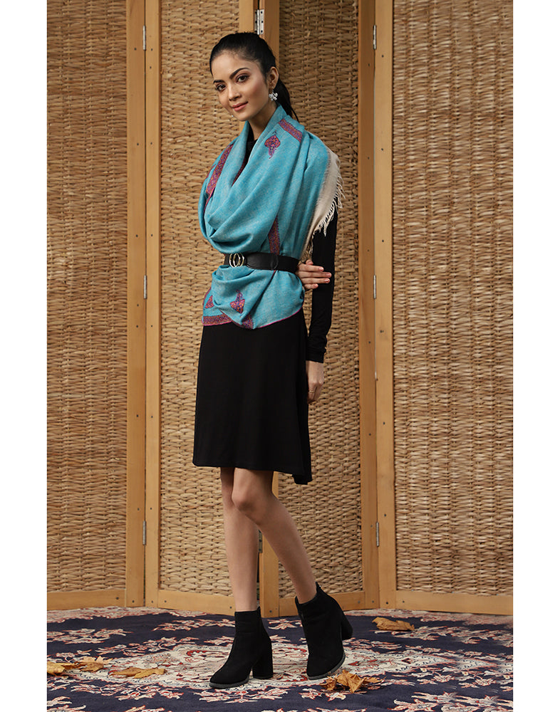 Turquoise Box Weave Hashidaar Cashmere Stole - KashmirBox.com