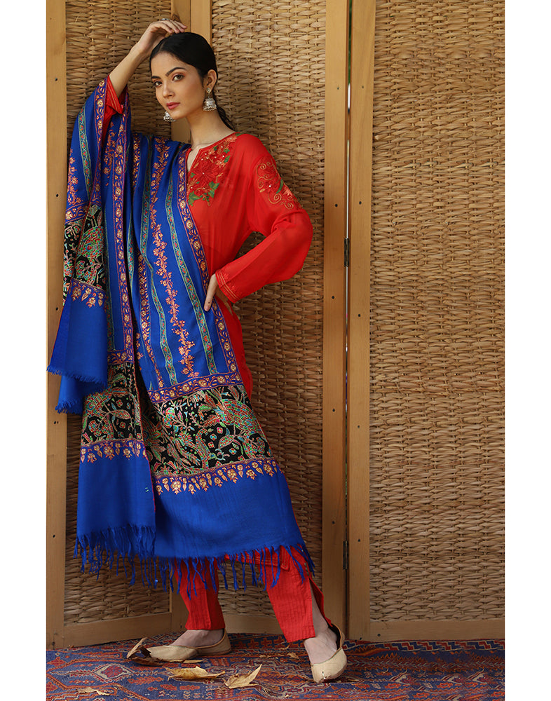 Royal Blue Stripped Sozni Pashmina Shawl - KashmirBox.com
