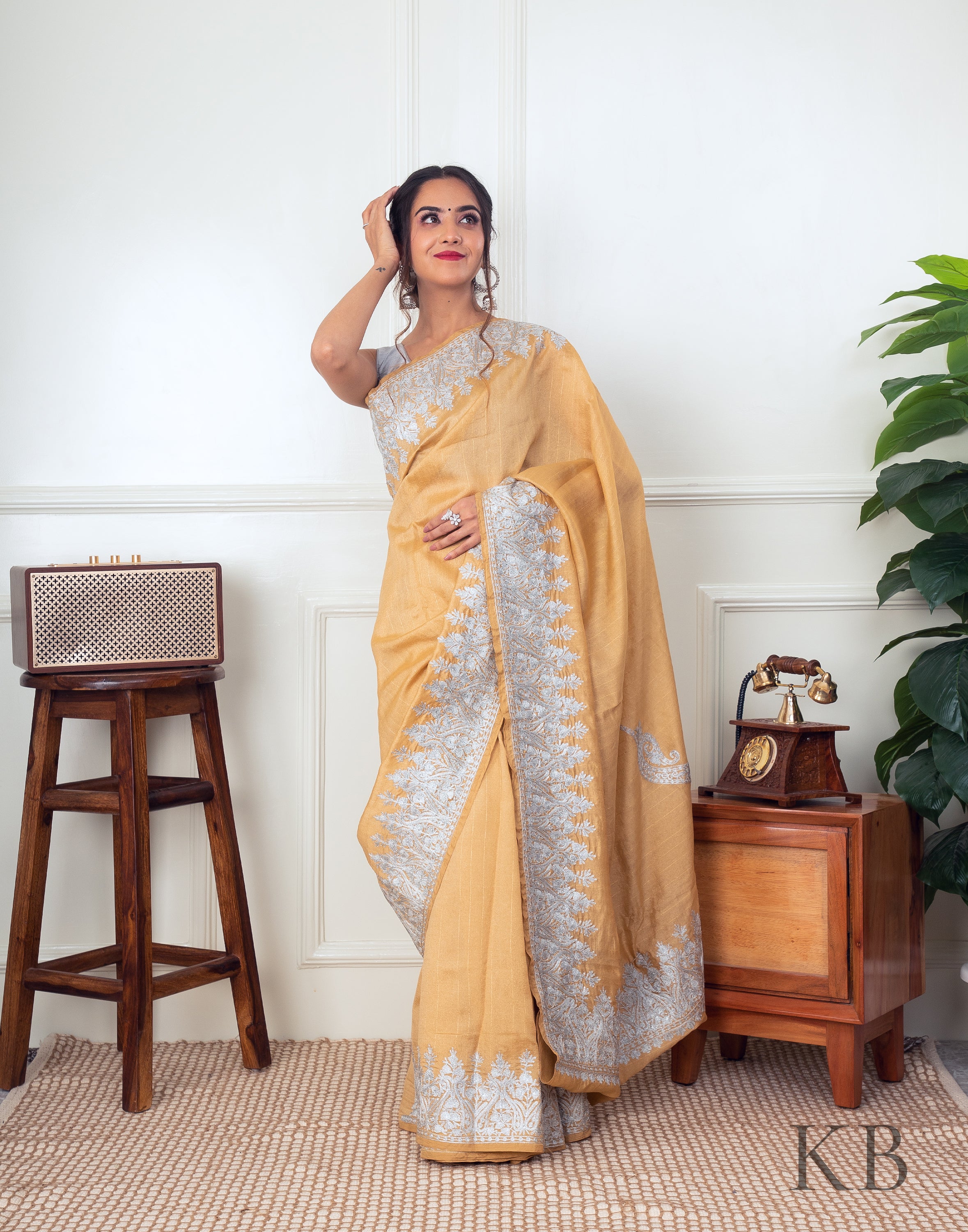 White Zari Border Golden Silk Saree