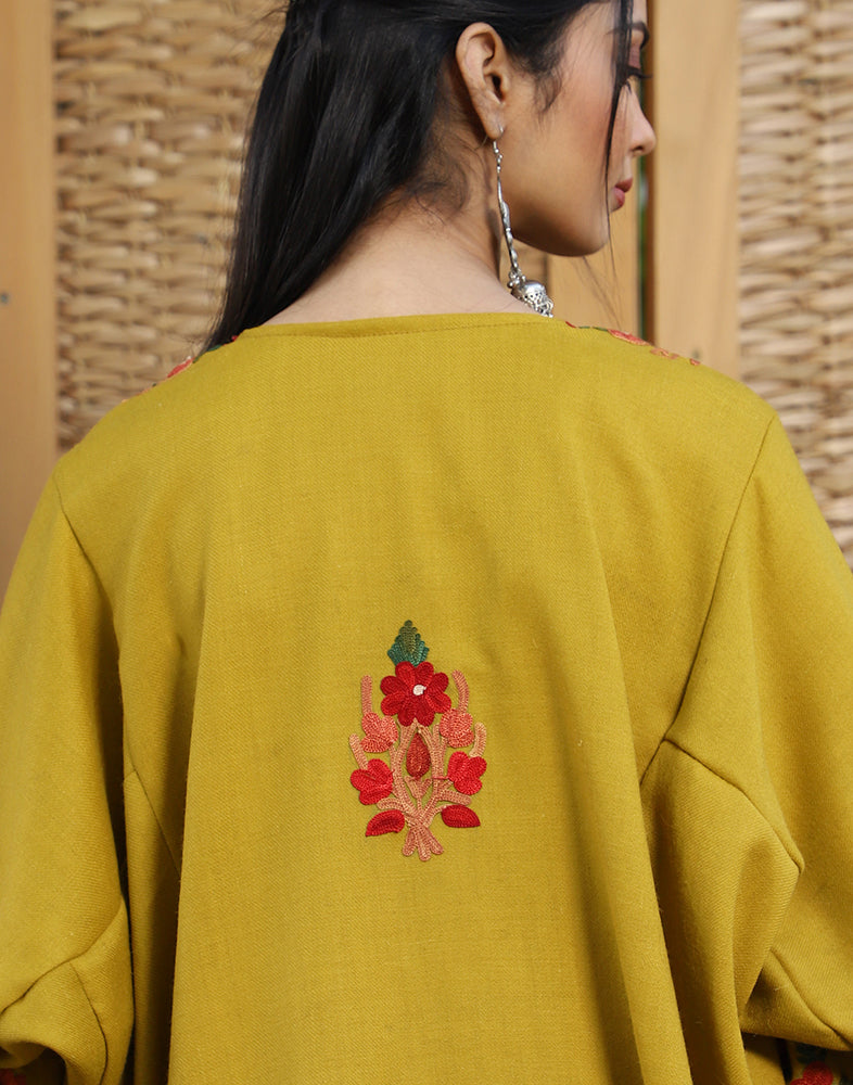 Mustard Aari Embroidered Woolen Phiran - KashmirBox.com