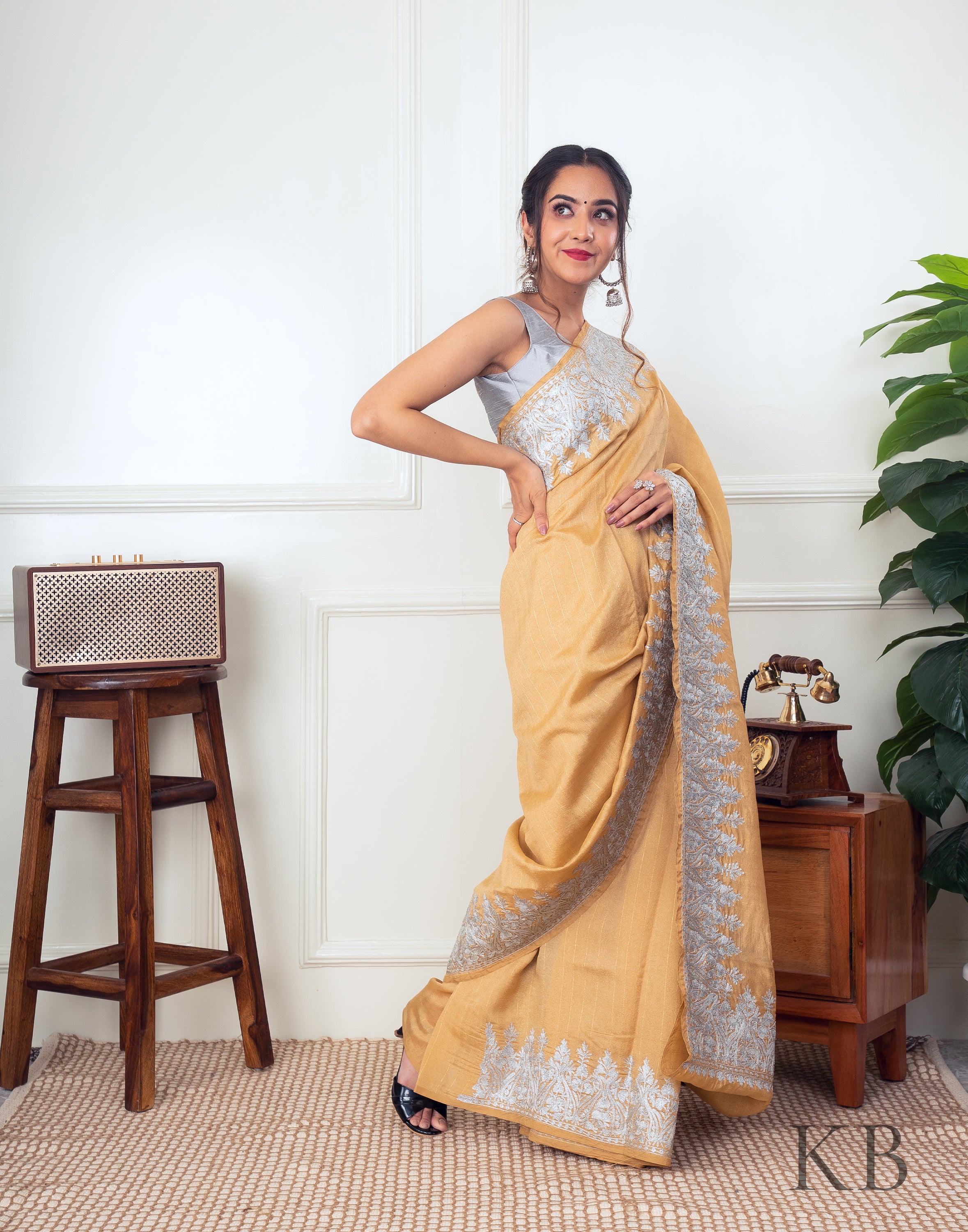 White Zari Border Golden Silk Saree