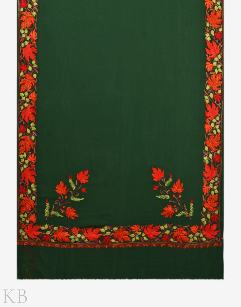 Chinar Border Aari Kaari Green Embroidered Saree - KashmirBox.com