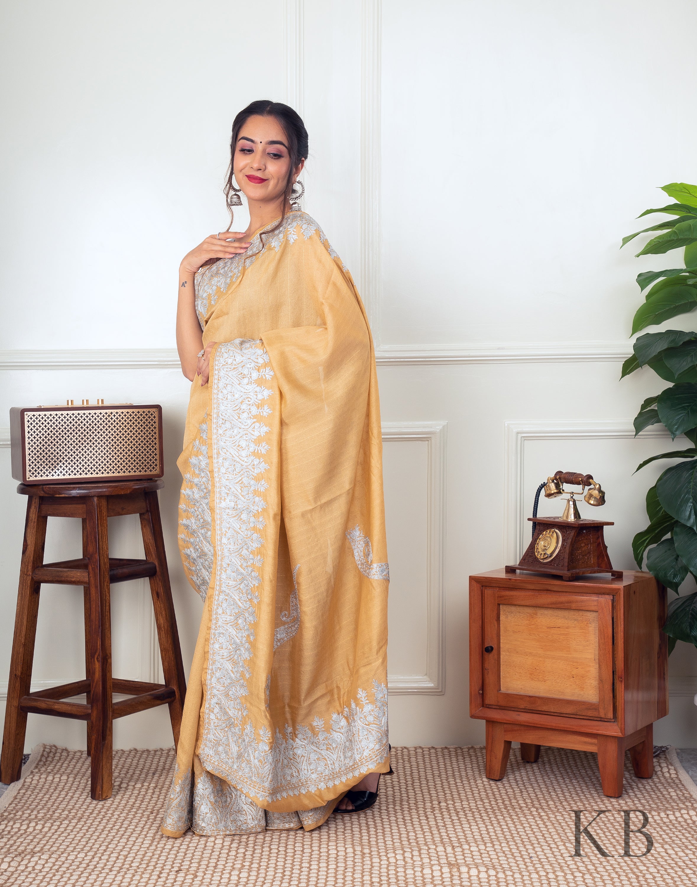 White Zari Border Golden Silk Saree - Kashmir Box