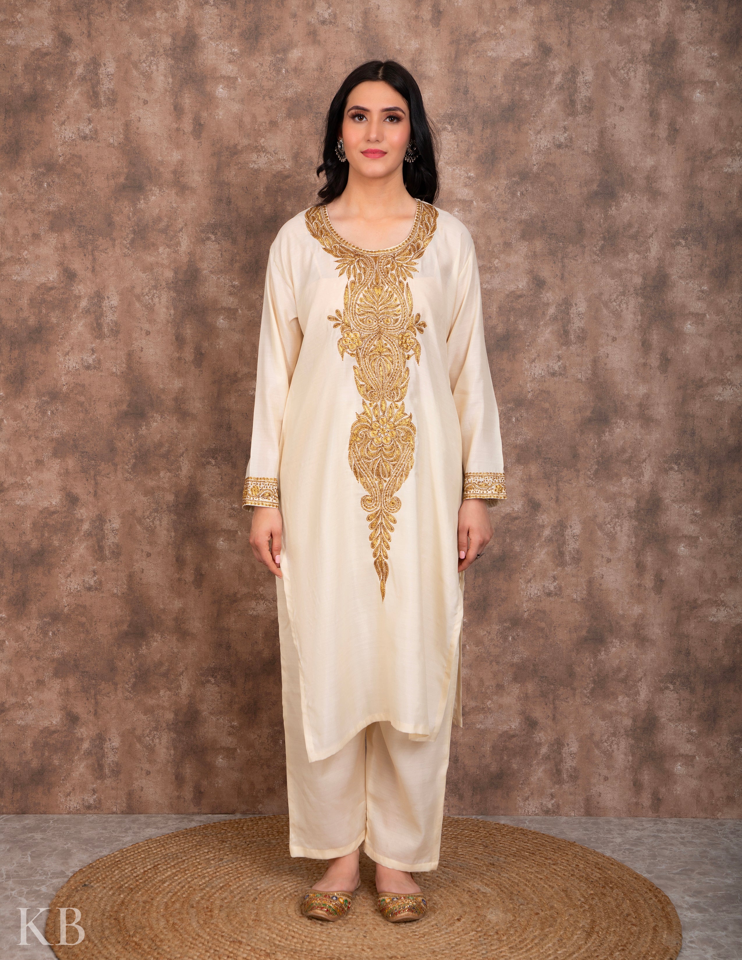 Cream Tilla Embroidered Silk Suit - Kashmir Box