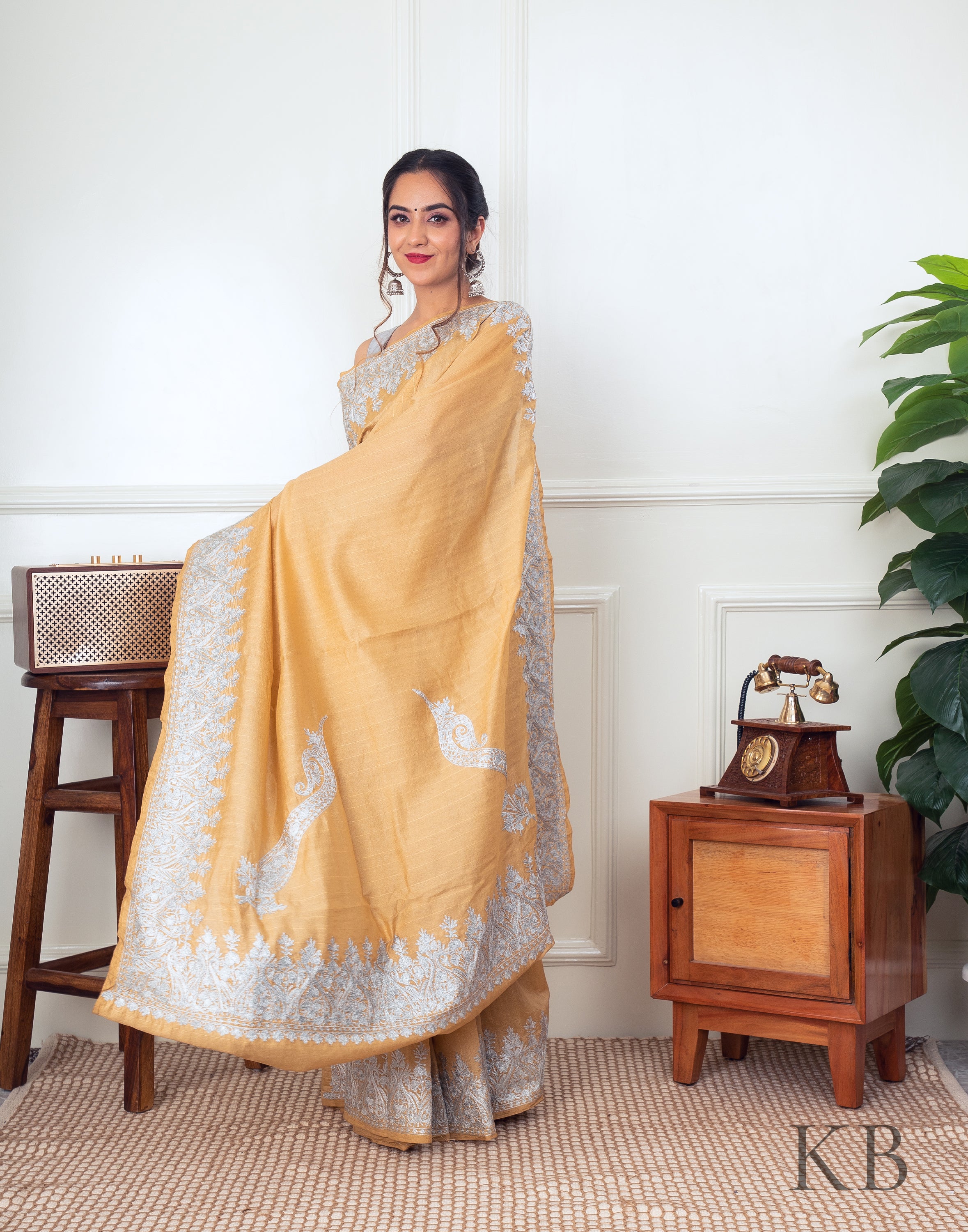 White Zari Border Golden Silk Saree - Kashmir Box