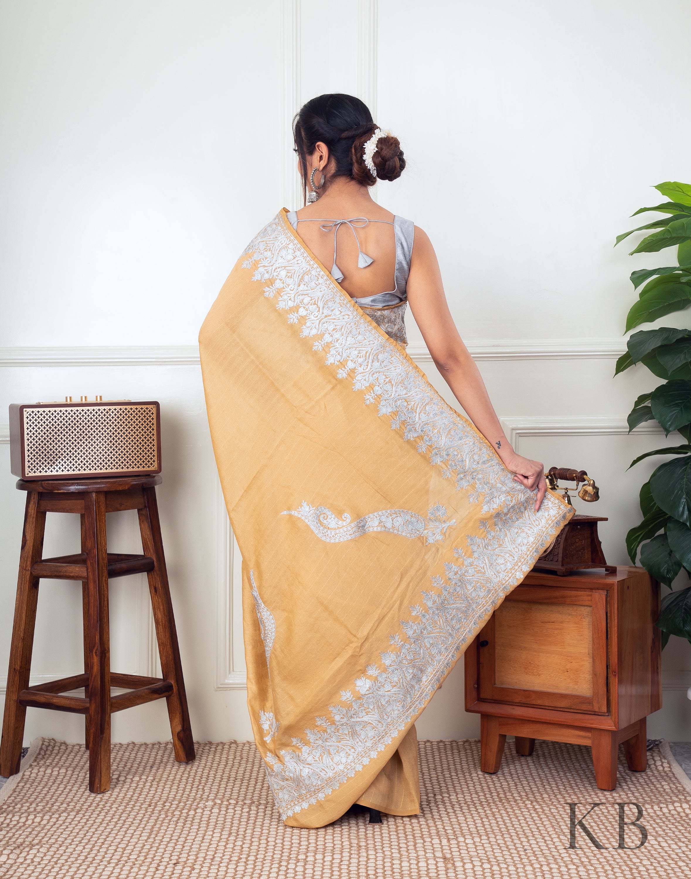 White Zari Border Golden Silk Saree - Kashmir Box