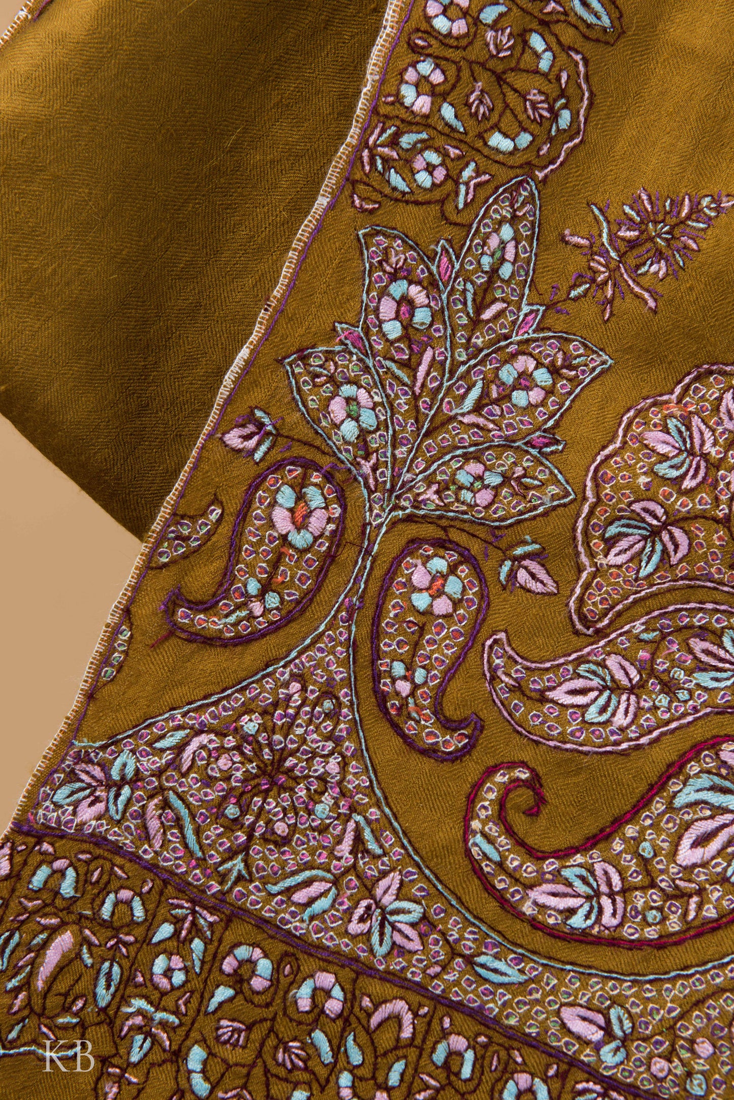 Olive Green Sozni Embroidered Pashmina Shawl - Kashmir Box