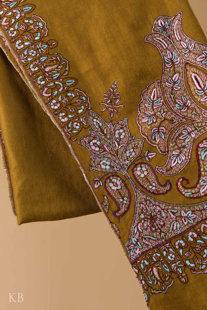 Olive Green Sozni Embroidered Pashmina Shawl - Kashmir Box