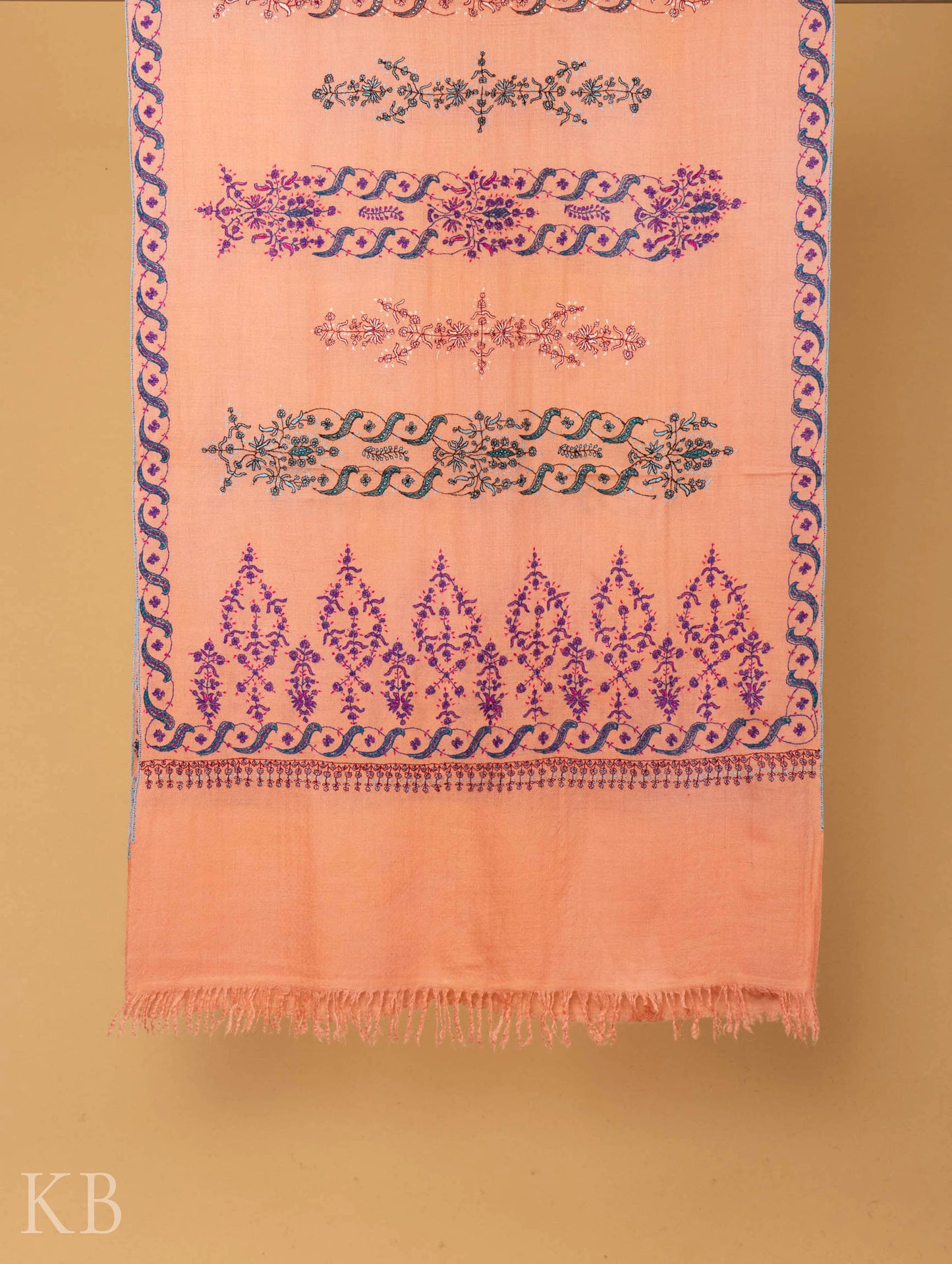 Peach Modern Design Embroidered Pashmina Stole - Kashmir Box
