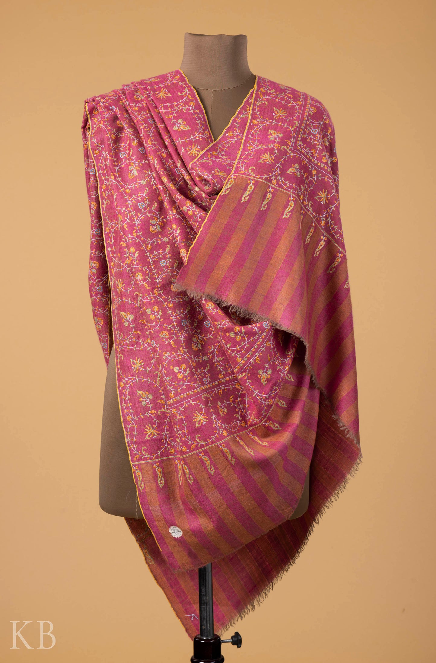 Deep Pink Jaldaar Embroidered GI Pashmina Shawl - Kashmir Box