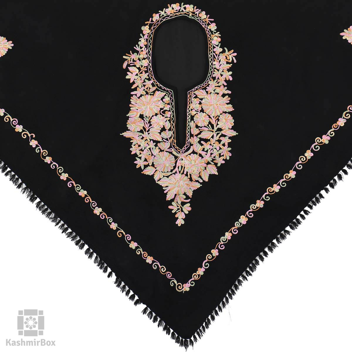 Black Pink Floral Embroidered Woolen Poncho - Kashmir Box