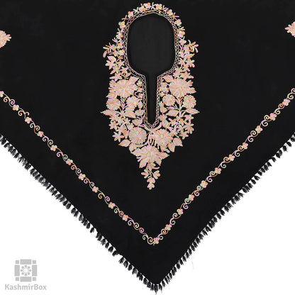Black Pink Floral Embroidered Woolen Poncho - Kashmir Box