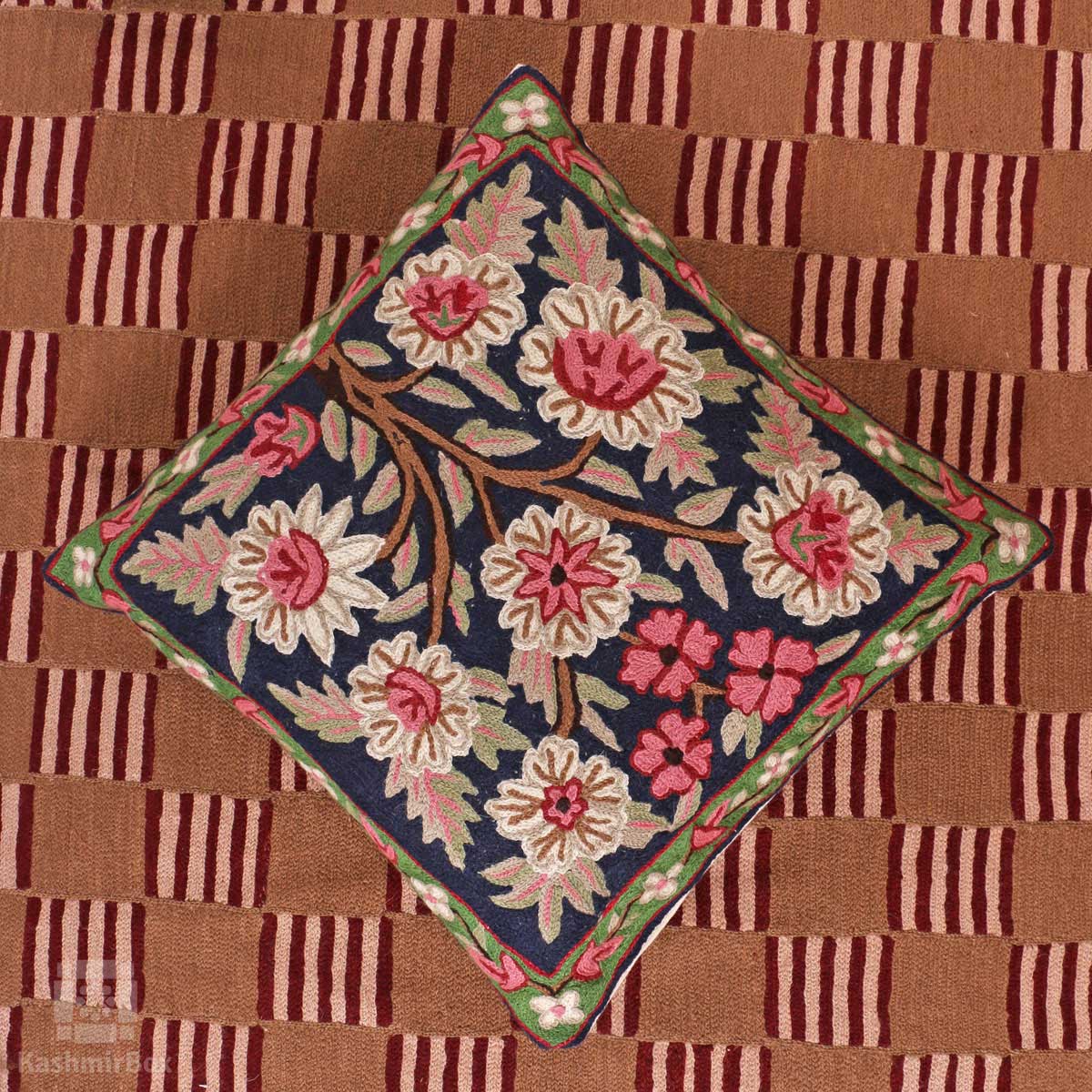 Navy n Pink Floral Bouquet Handmade Cushion Cover - KashmirBox.com